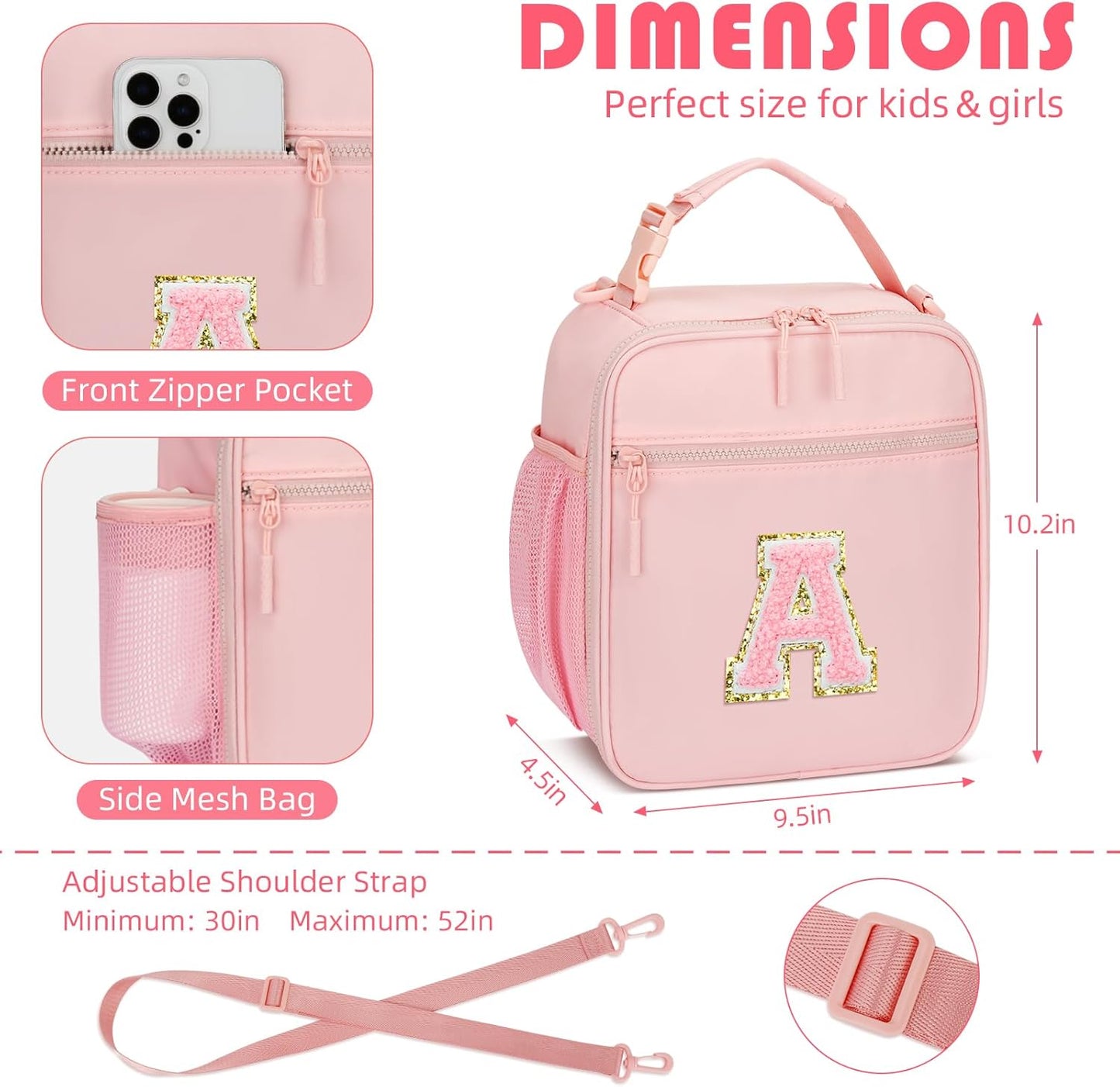 Initial Insulated Lunch Bag for Girls Kids, Back to School Gift, Reusable Leak-proof Lunch Box with Adjustable Strap for School Daycare Travel Picnic (Pink,A)