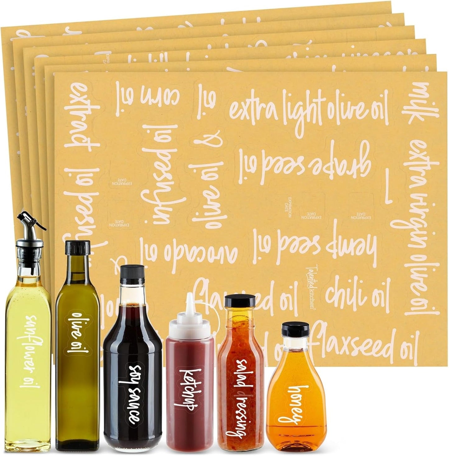 Talented Kitchen Labels for Oil Bottles & Vinegar Dispensers - 132-Count White Vinyl Glossy - Various Sizes - Oil Bottle Stickers & Condiment Labels for Kitchen Organization