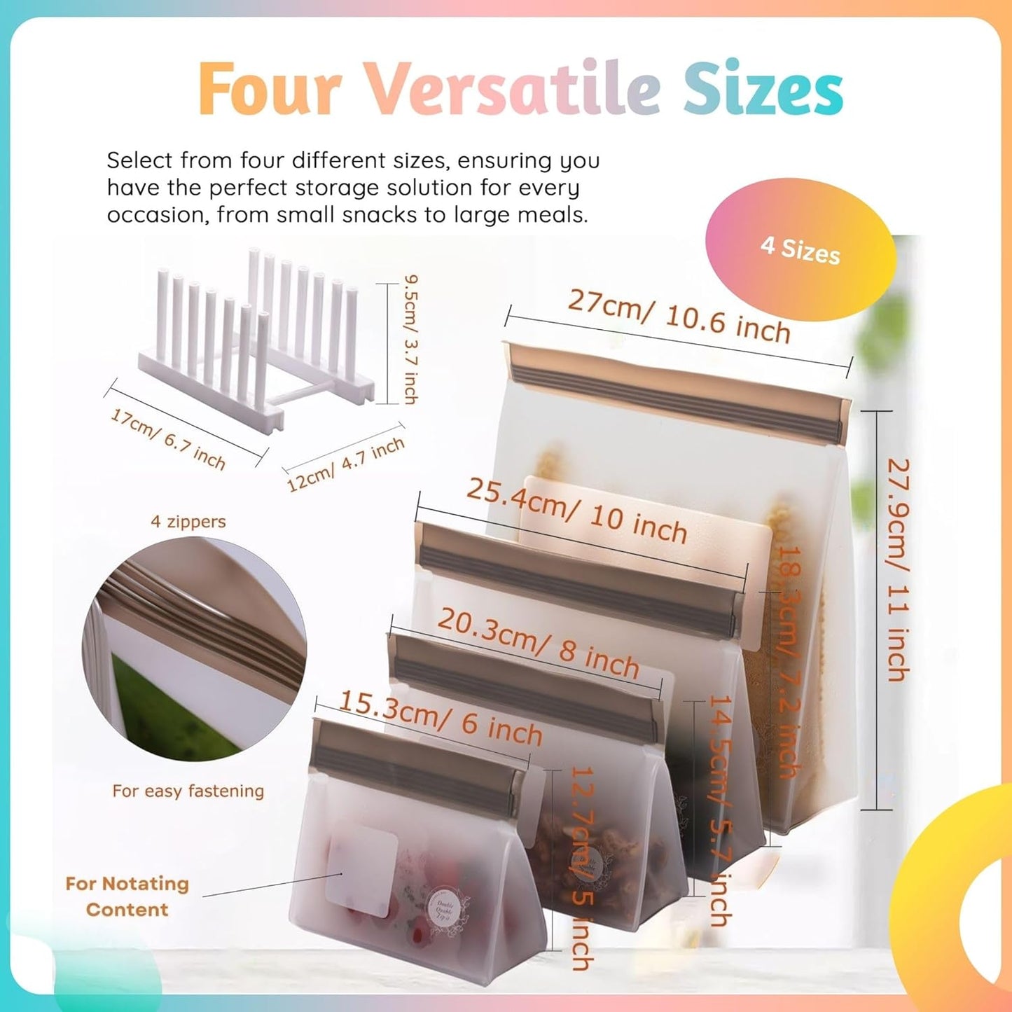 Reusable Silicone Food Storage Bags – 14-Pack Stand-Up, BPA-Free, Freezer, Dishwasher Safe & Eco-Friendly – 3 L, 8 M, 3 S Bags – Airtight Leakproof, Sandwich, Snack, and Meal Prep Baggies (Grey)