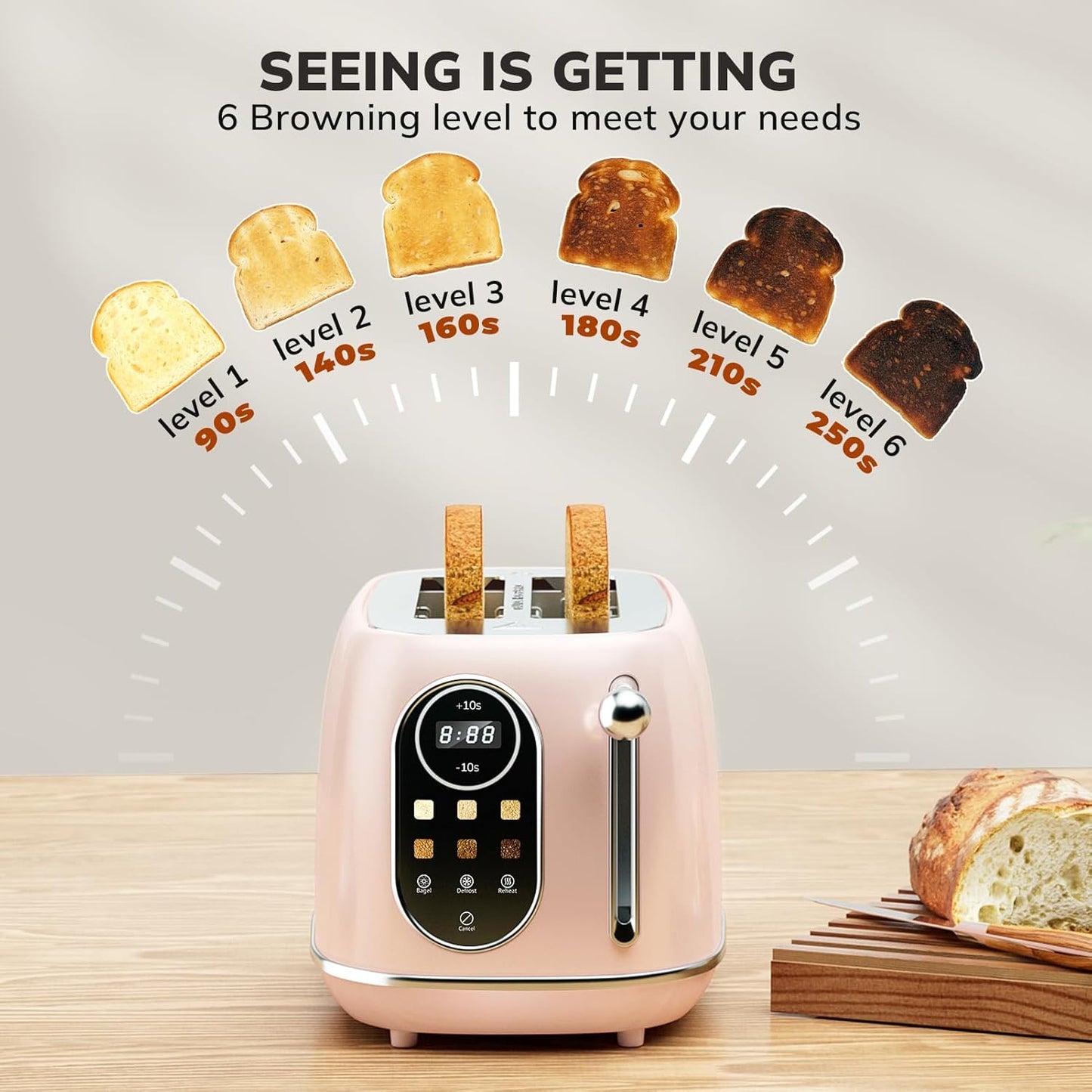 Keenstone Smart Touch Screen Toaster 2 Slice, Retro Wide Slot Stainless Steel Toaster with 6 Browning Levels, Reheat & Defrost, for Bagel, Toast, Bread, Removable Crumb Tray, Pink