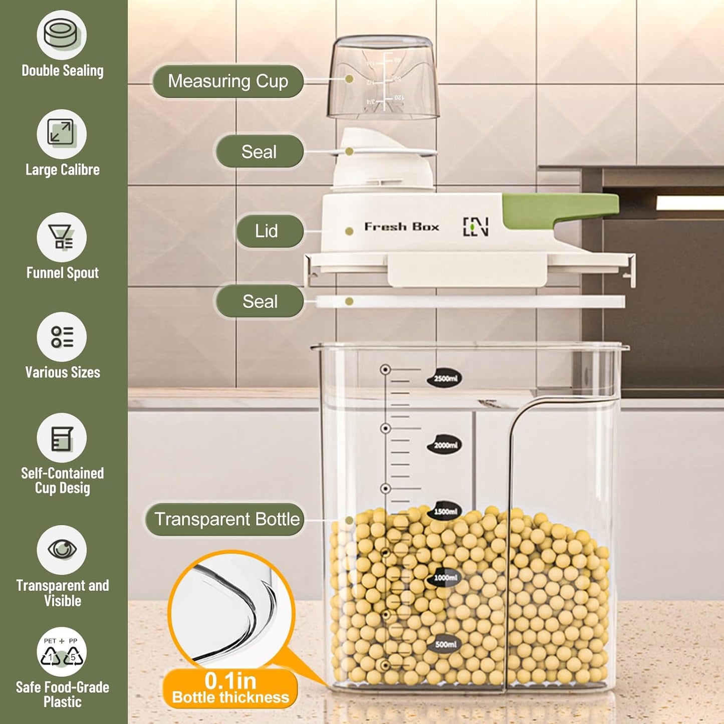 Cereal Storage Container 1Pack,61oz/1.8L Airtight Food Storage Containers With Lids,Organizers Storage With Measuring Cup for Beans,Sugar,Rice,Nuts,Snacks,Pet Food,Candy (Green, 1Pack Medium Size)