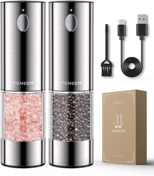 TOMEEM Upgraded Larger Capacity Electric Salt and Pepper Grinder Set Rechargeable with LED lights, Stainless Steel Automatic Pepper and Salt Grinder Refillable with 5 Adjustable Coarseness