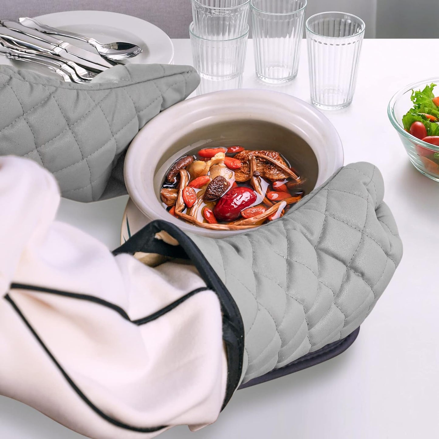 ARCLIBER Oven Mitts 2 Pairs of Quilted Terry Cloth Cotton Lining,Extra Long Professional Heat Resistant Kitchen Oven Gloves,16 Inch,Gray