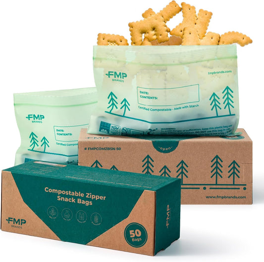 Fit Meal Prep 50 Pack 100% Compostable Snack Bags, 6.5 x 4.1" Resealable Food Storage Bags Snack Size, Plant-Based Freezer Bags for Food, ASTM D6400, US BPI & EU OK Compost Certified