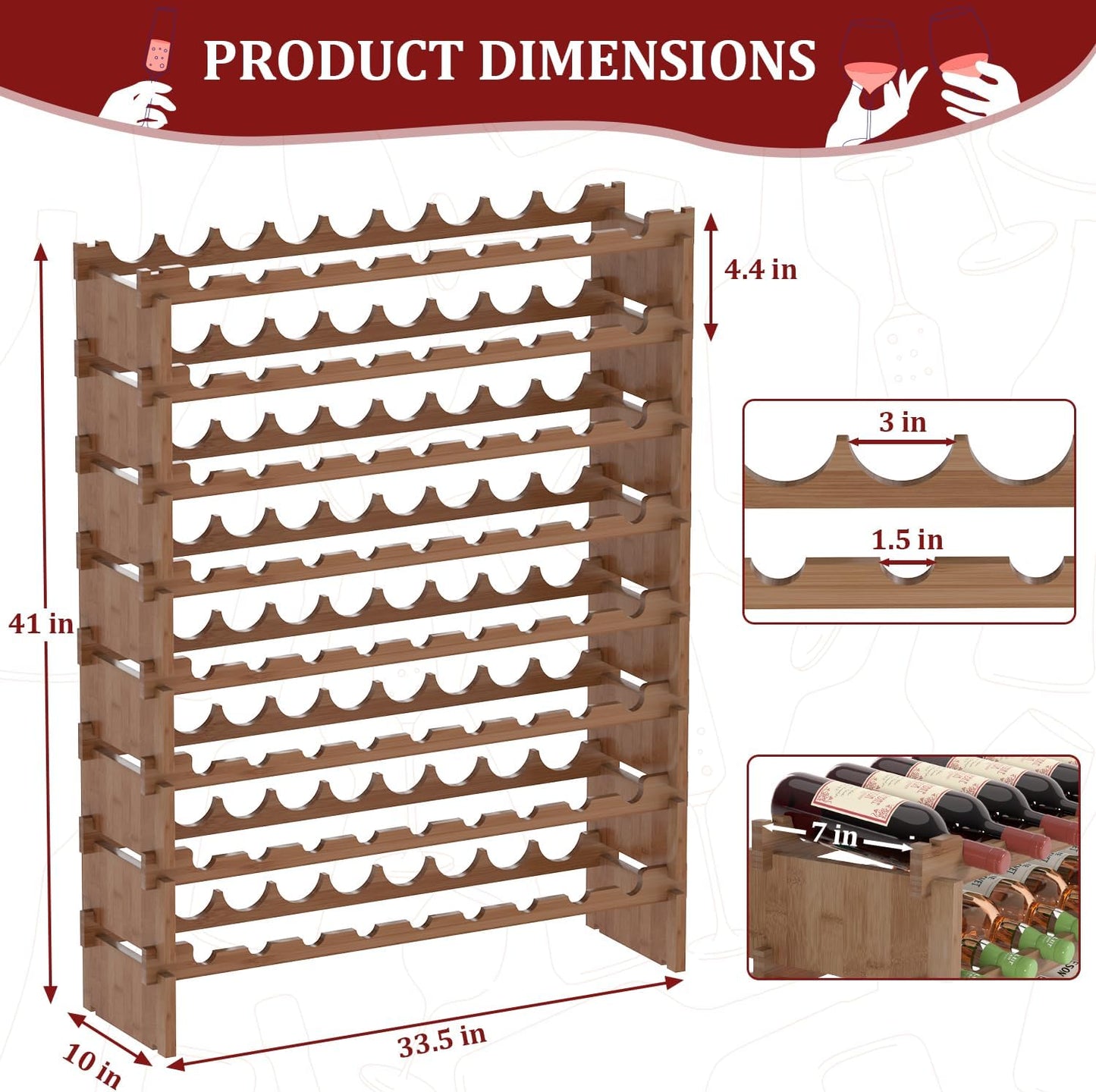 Domax Wine Rack Freestanding Floor - 72 Wine Bottle Holder 8 Tier Stackable Bamboo Wooden Storage Racks for Kitchen, Bar, Pantry and Cellar (Walnut)