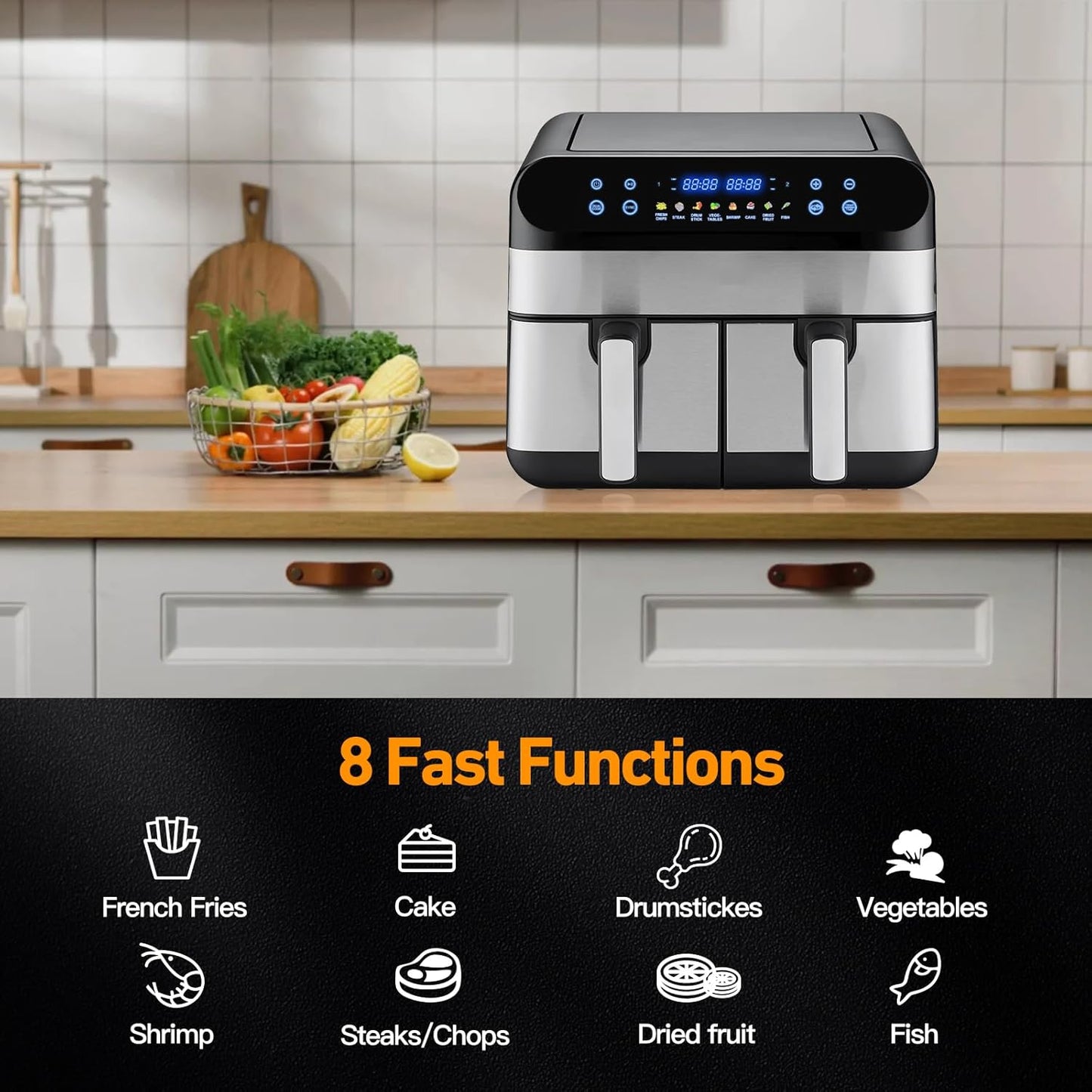 Panana XL 9.5 Quart 8 Preset Cooking Functions 2-Basket Air Fryer with 2 Frying Baskets, Match Cook & Smart Finish to Bake, Roast, Reheat, Broil, Dehydrate & More for Quick, Easy Meals