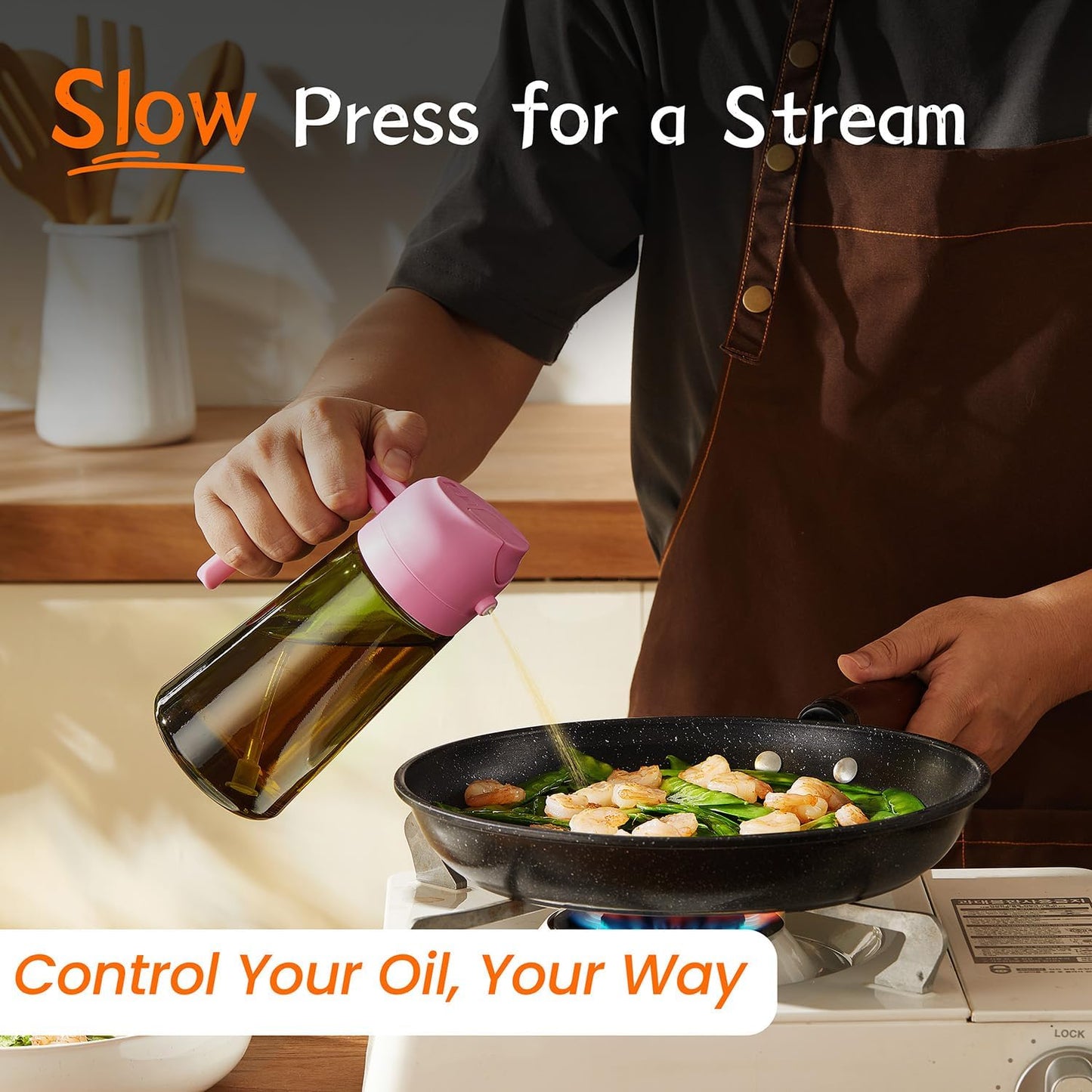 TrendPlain - Original 16oz/470ml Olive Oil Dispenser Bottle for Kitchen Gadgets and Air Fryer Accessories - Olive Oil Sprayer for Cooking w/Stickers - Bubblegum