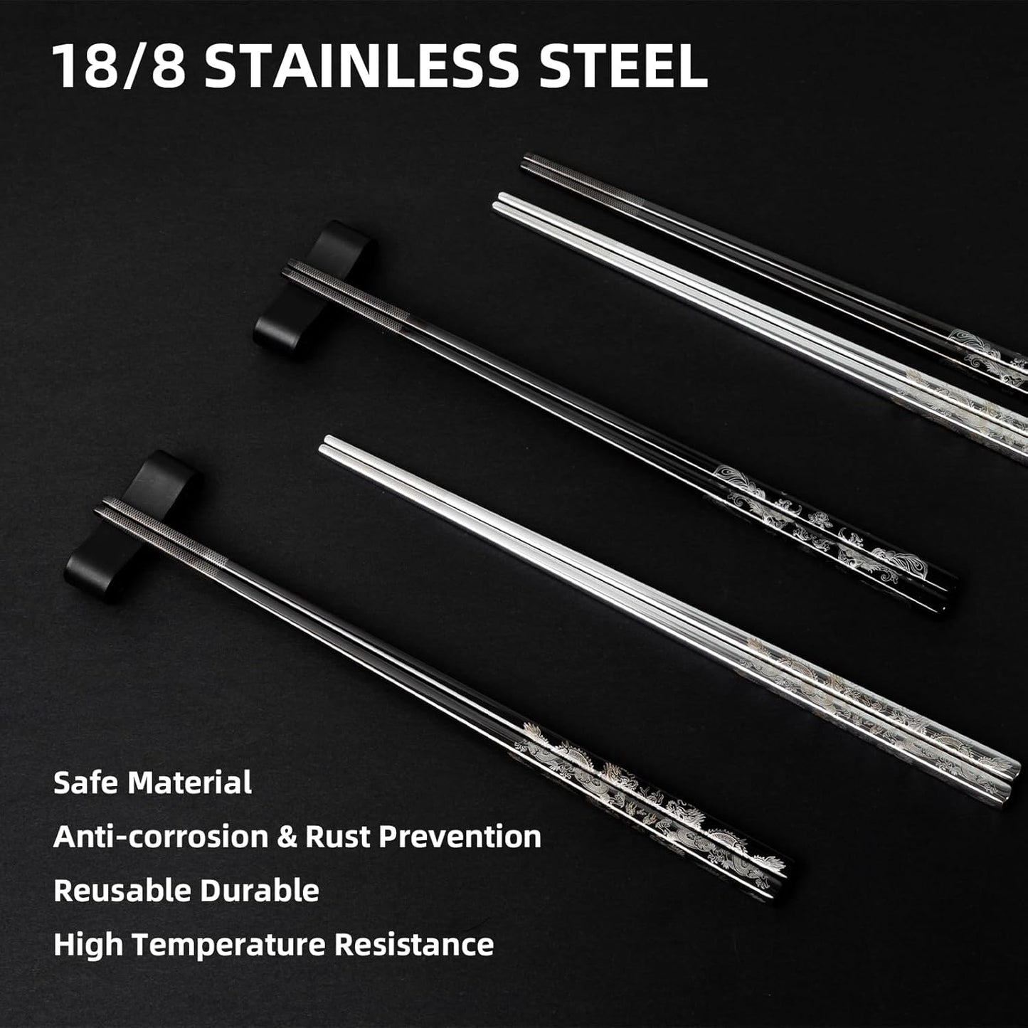 Reusable Metal Chopstick, Laser-Engraved Non-Slip Grip, Dishwasher Safe, Japanese & Korean Style, 2 Pairs Stainless Steel Chopsticks Gift Set for Cooking, Dining & Travel (9")