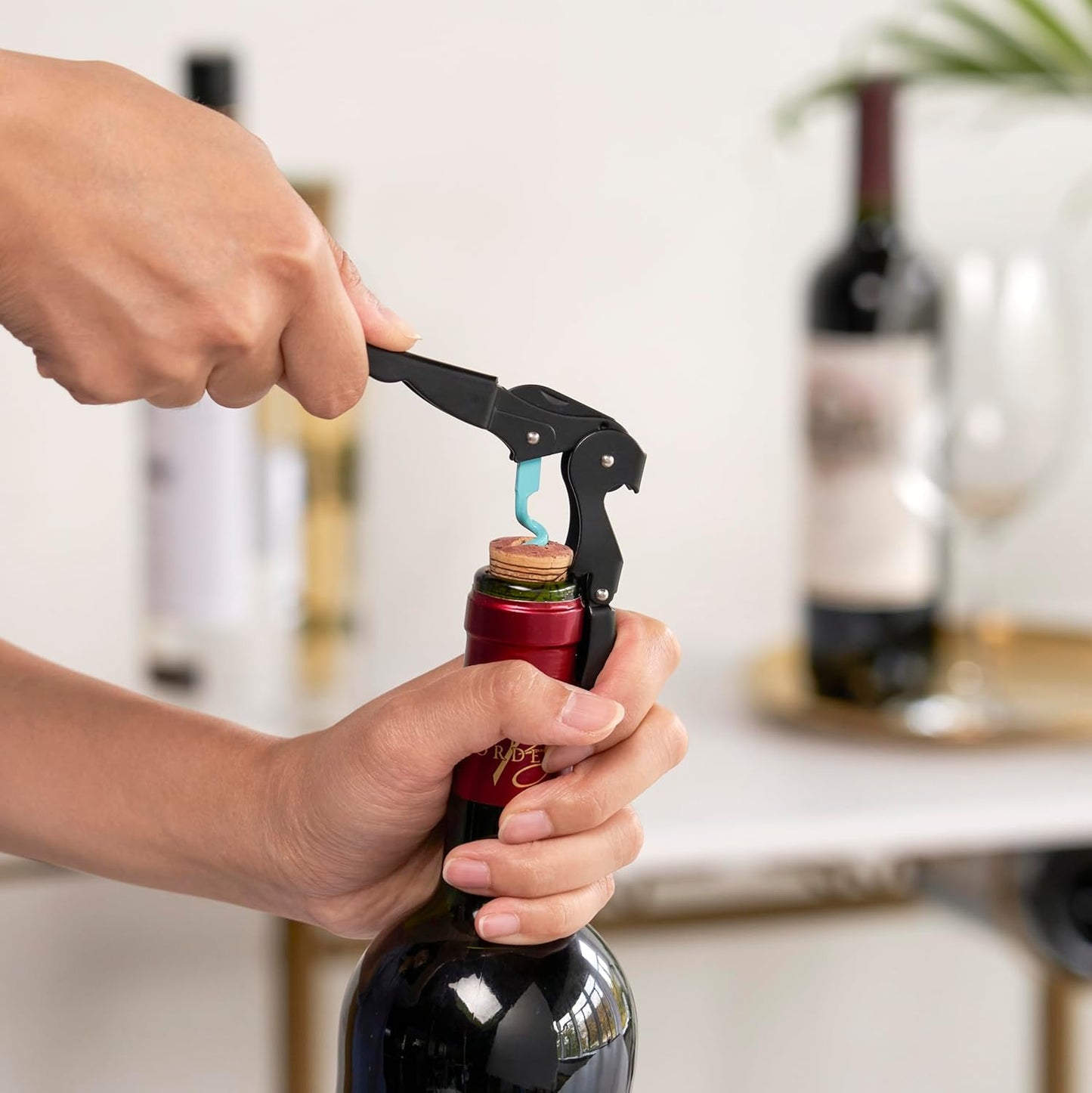 True Brands TrueTap Double Hinged Waiters Corkscrew, Top-notch Stainless Steel Opener with Foil Cutter Built to Last Wine Key Black Blue, Set of 1