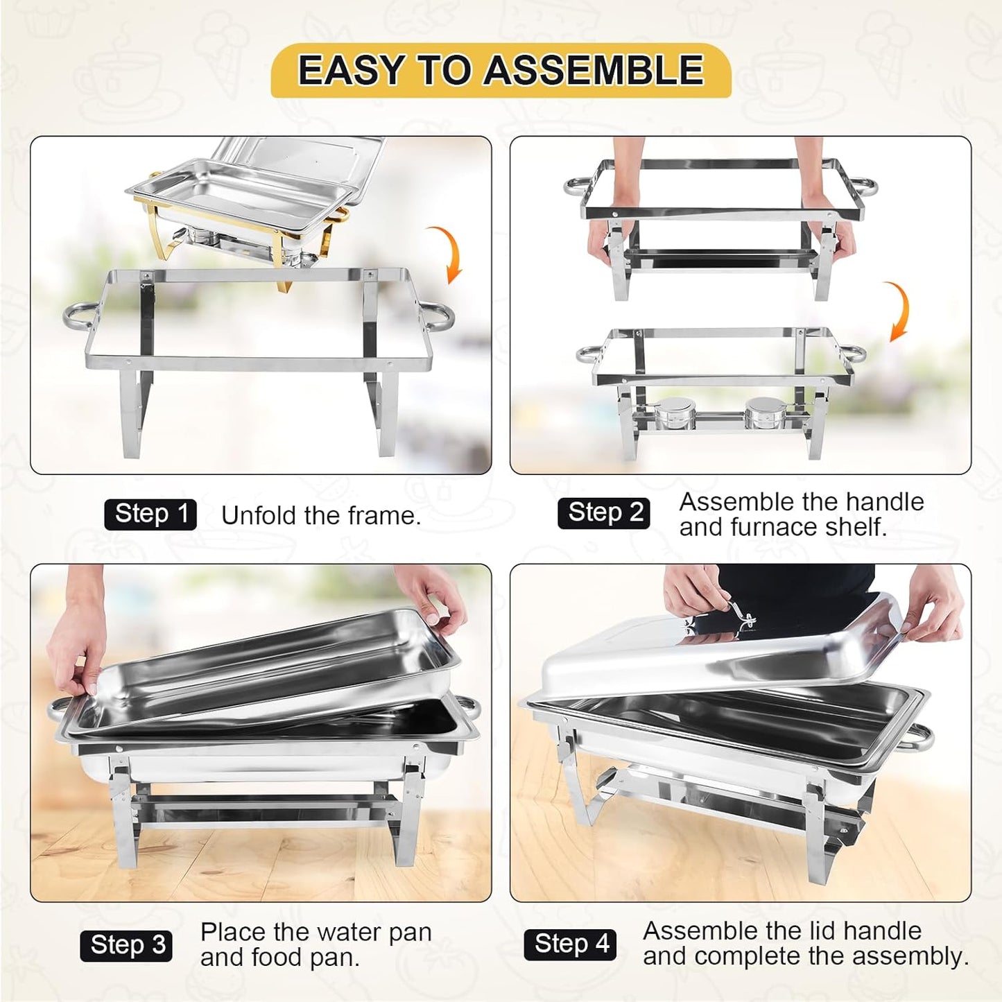 GarveeHome Chafing Dishes for Buffet 4 Pack, 8 Qt Stainless Steel Chafers and Buffet Warmers Sets With Lid, Rectangle Serving Food Warmer Catering Supplies Buffet Display for Parties, Silver