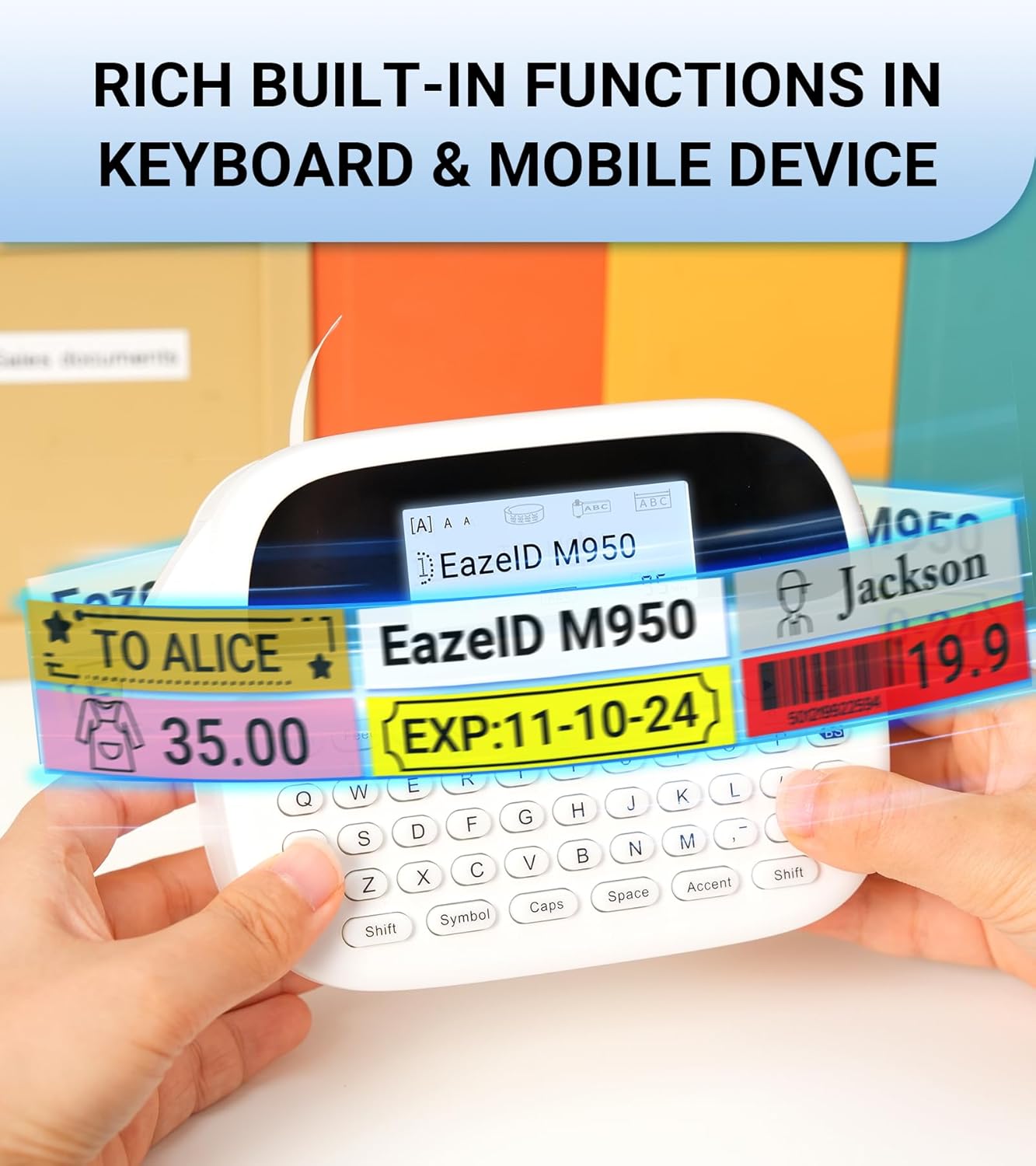 Label Maker Machine with-Tape Waterproof, Keyboard Label Maker Rechargeable, Bluetooth Labeler Portable with Backlit Screen for Home Office School Kids Use, M950