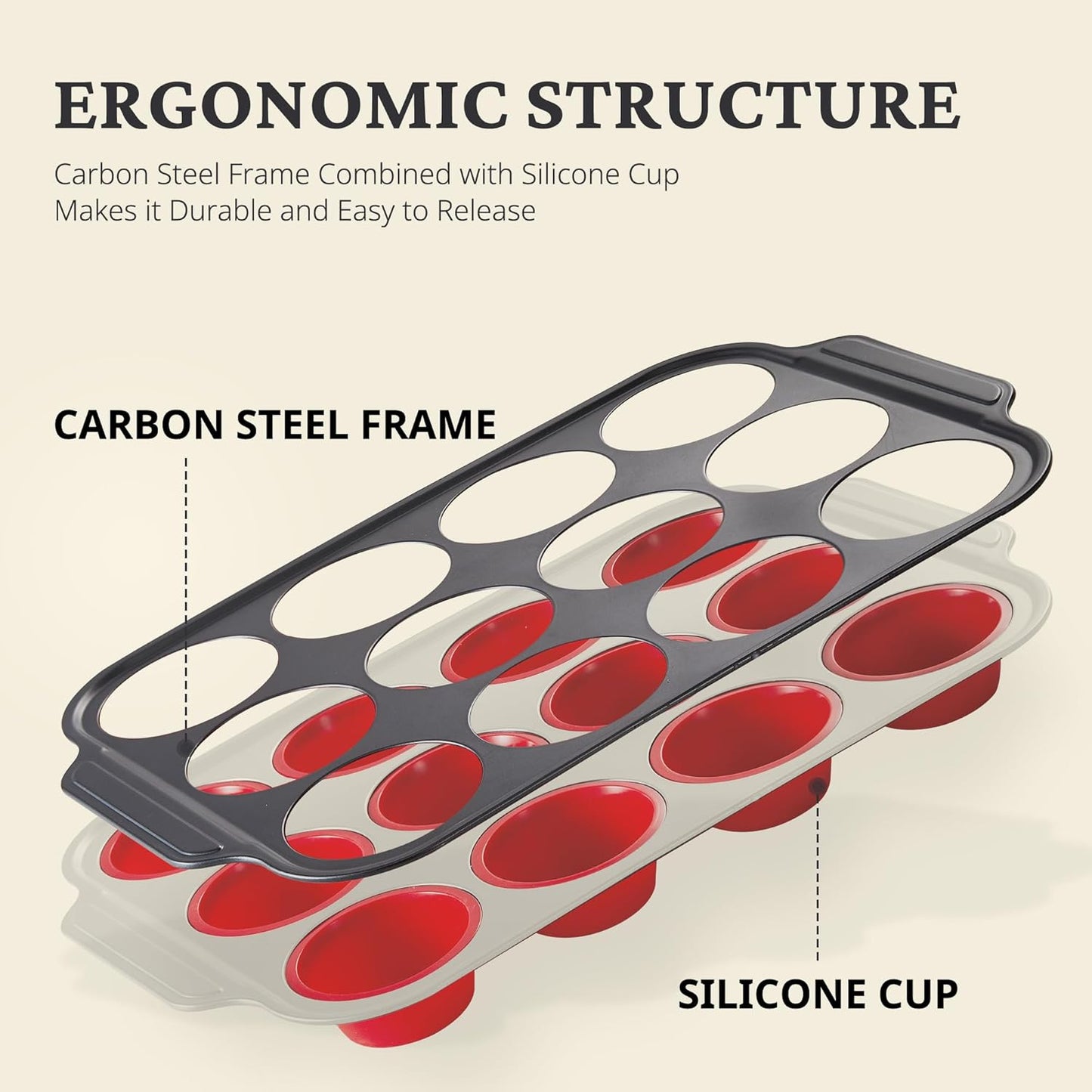 Silicone Muffin Pans for Baking with Metal Frame, Egg Bite Molds, Cupcake Pans 12 Regular Size, Muffin Tins Easy to Pop Nonstick Non Toxic Bakeware for Oven, Red