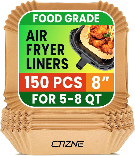 Air Fryer Disposable Paper Liners - 150Pcs 8In Square Parchment Paper Non-Stick Airfryer Basket Liners for Steamer Microwave Oven, Deep Fryer Parts & Accessories