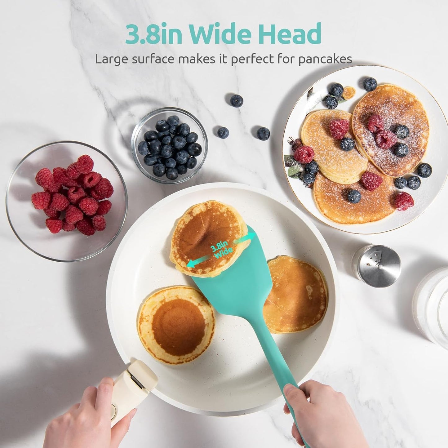 U-Taste 600ºF Heat Resistant Silicone Turners: 13.6in Long Solid & Slotted Kitchen Spatula Flipper, Wide and Large Flexible Cooking Utensil for Flipping Egg, Pancake, Cookie (Aqua Sky, 2PCS)