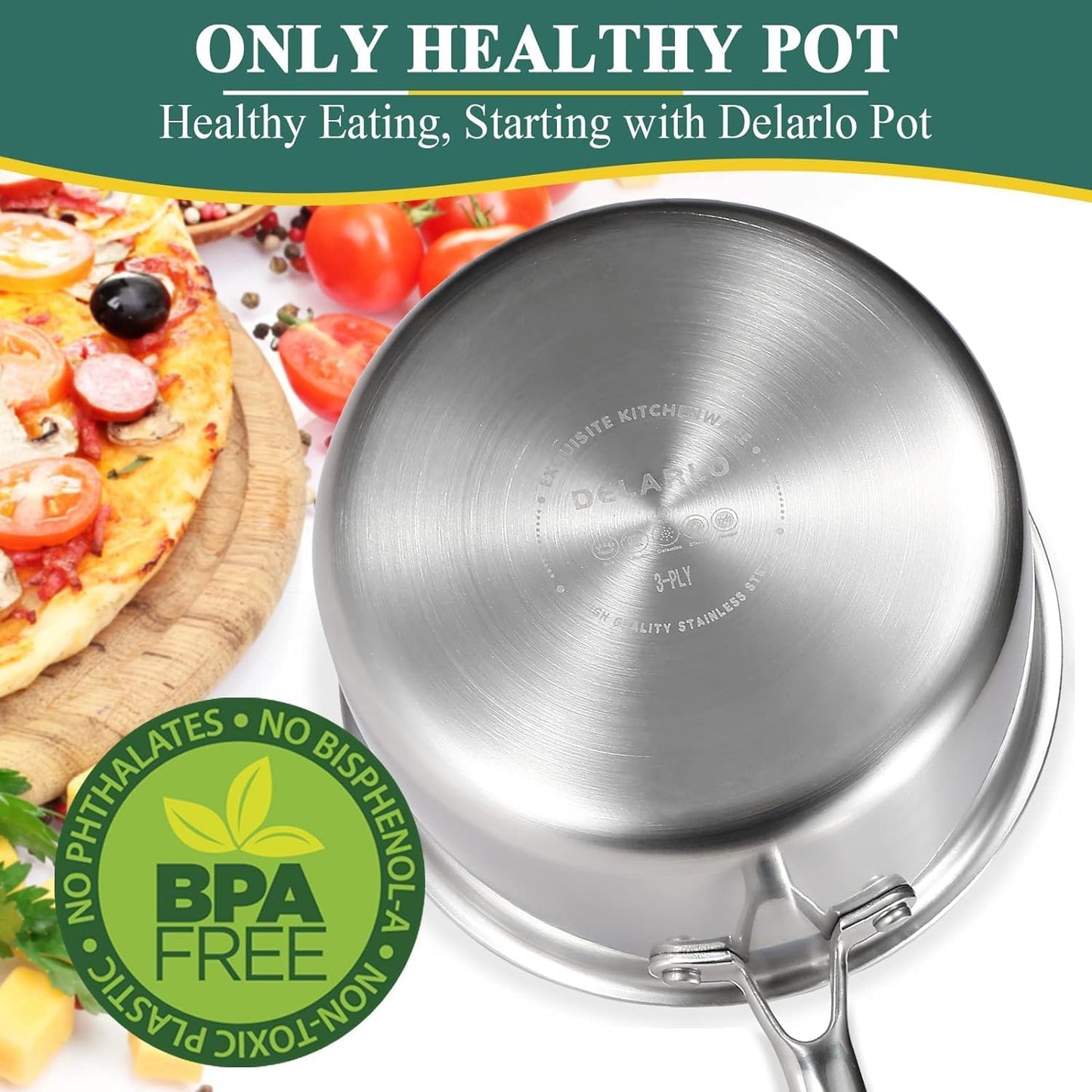DELARLO Kitchen Pot Set, Tri-Ply Stainless Steel Saucepan Set, 1.0QT 2QT 3.5QT, Cooking Set, Fast Even Heat, Saucepan set Compatible with all Cooktops 600℉（Lids 300℉） 3.5QT Pot with a Steamer