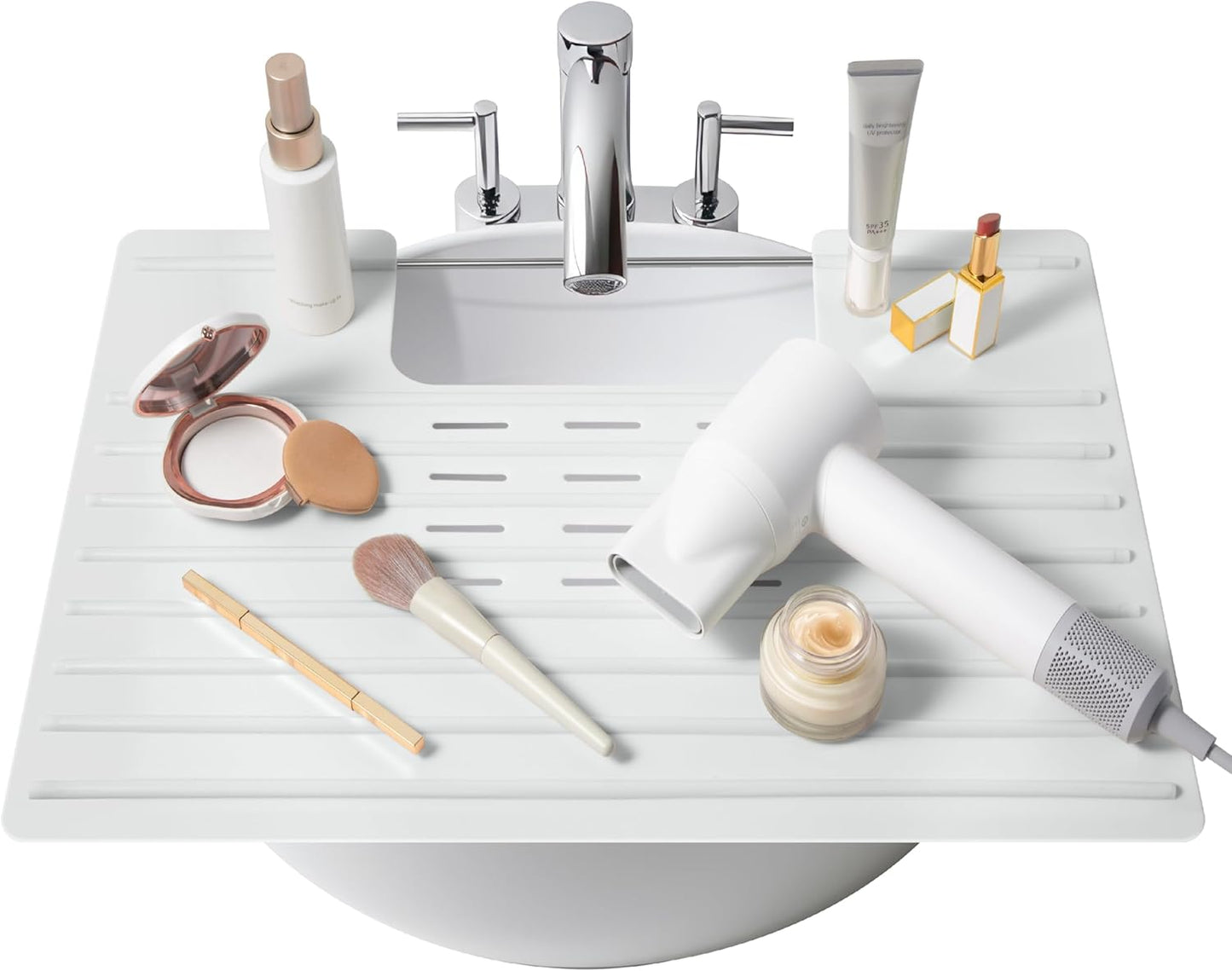 Maplefield Bathroom Sink Cover for Counter Space, Heat Resistant Silicone Sink Mat for Your Beauty Routine, Small Bathroom Space Saver Sink Cover for Makeup (Gray Large, 22 x 2 x 2 Inches)