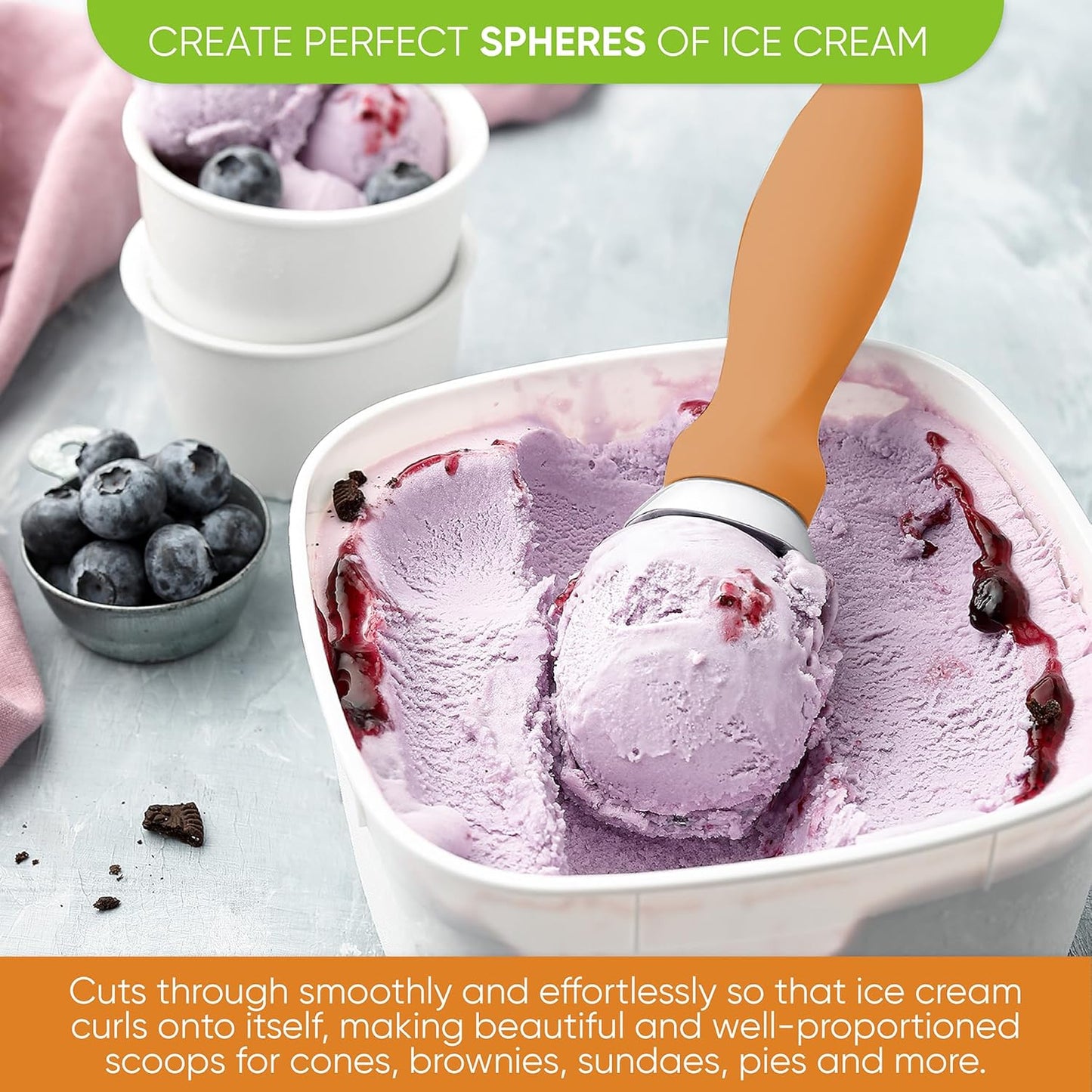 Spring Chef Ice Cream Scoop with Soft Grip Handle, Professional Heavy Duty Sturdy Scooper, Premium Kitchen Tool for Cookie Dough, Gelato, Sorbet, Mango