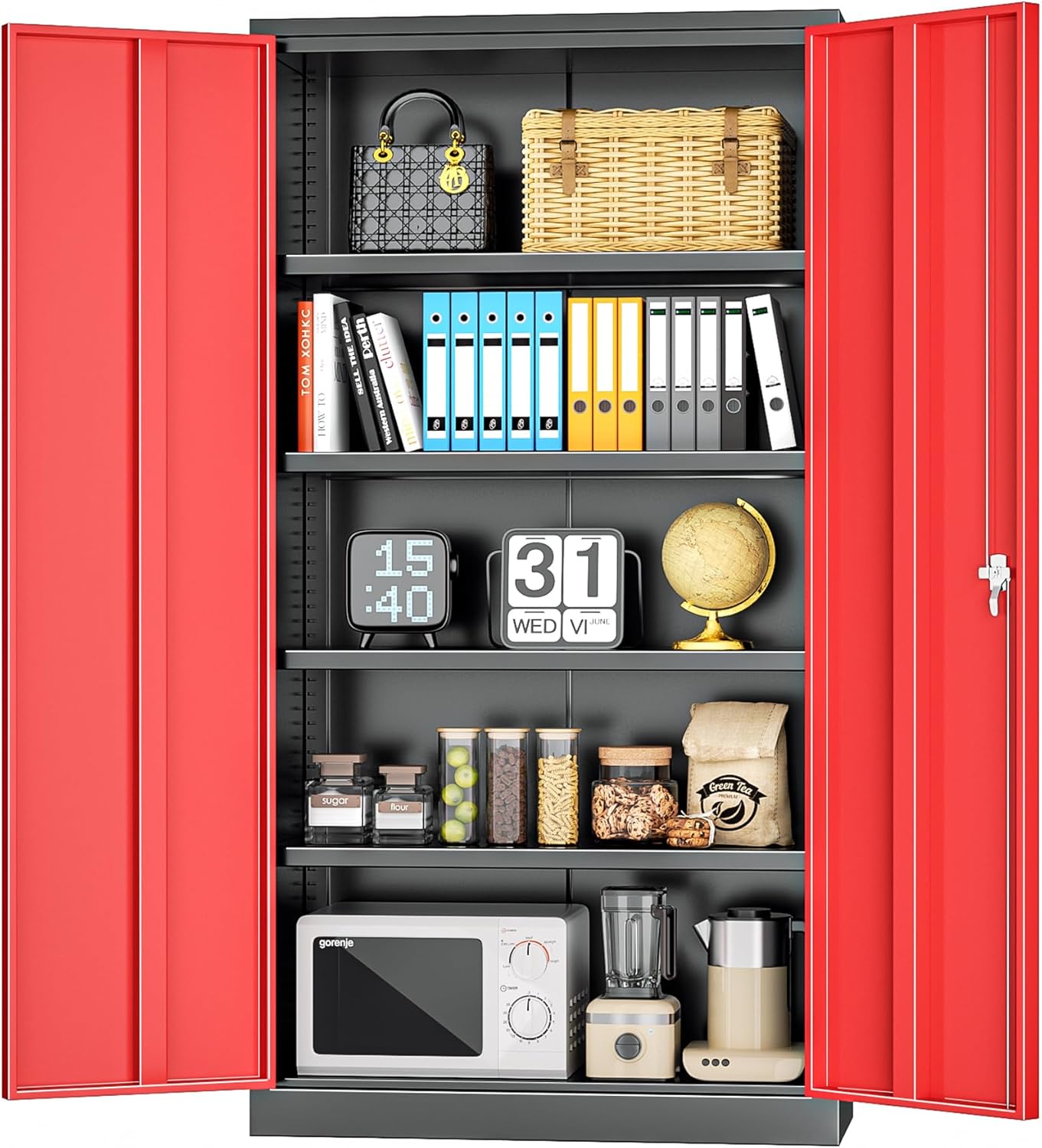 INTERGREAT Metal Storage Cabinets 72” Black Red Garage Steel Storage Cabinet with Doors and Shelves, Steel File Cabinet for Home Office, Basement, Warehouse, Classroom（Anti Tipping）