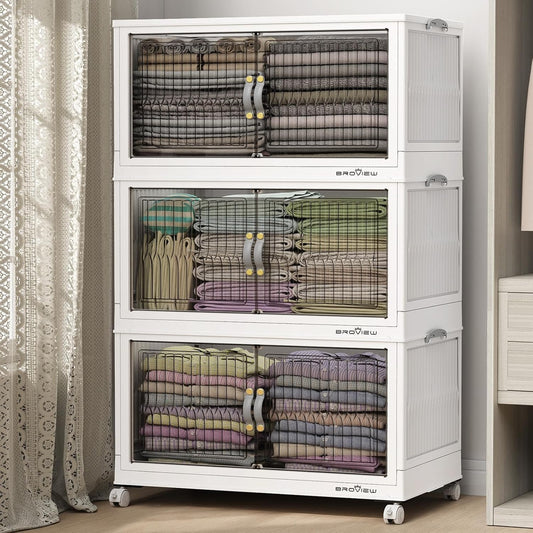360Qt Stackable Storage Bins with Lid, Extra Large Closet Organizer Collapsible Drawer Boxes with Wheels, Folding Plastic Cabinet Containers for Home Kitchen Room Organization, 3Pack White