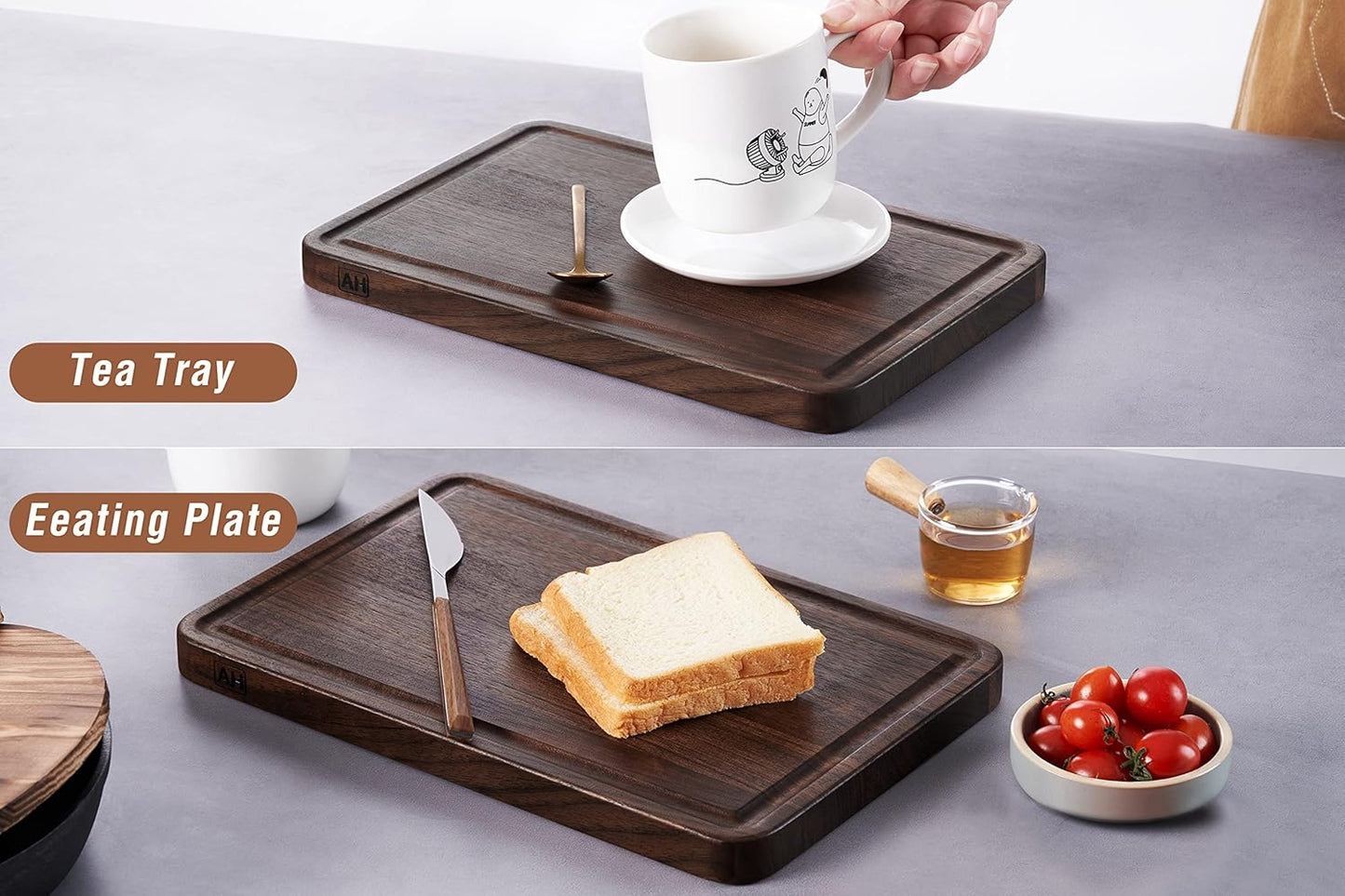 AZRHOM Small Walnut Wood Cutting Board for Kitchen 12x8 in (Gift Box) with Juice Groove Handles Non-slip Mats Thick Reversible Butcher Block Chopping Board