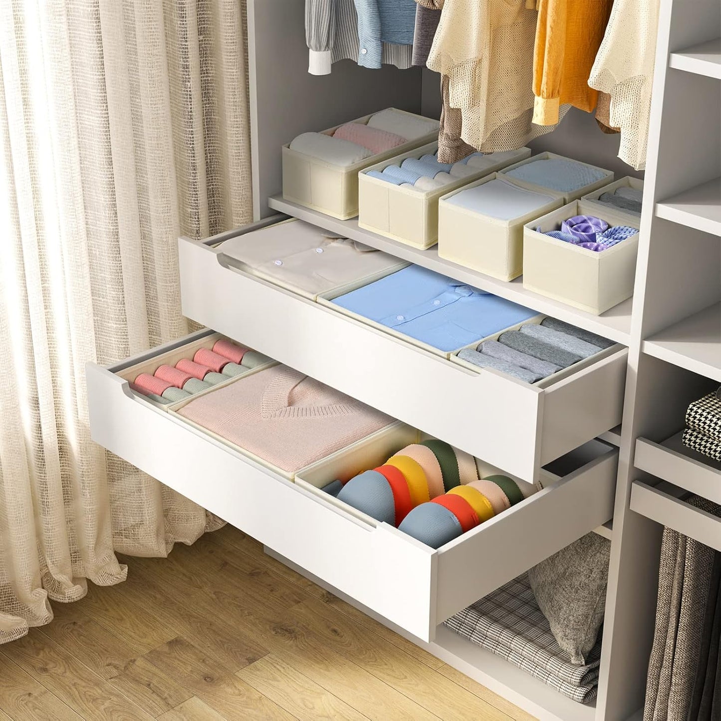 DIMJ Drawer Organizer Clothes, 12 Pack Dresser Organizer, Foldable Closet Organizers and Storage, Fabric Dresser Bins, Drawer Dividers for Nursery, Baby Clothes, Underwears, Sock (Beige)