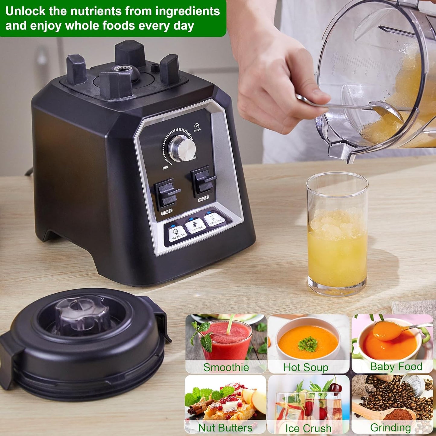 Biolomix Professional Blender, 2200W 3 Automatic Program Blender For Kitchen,2L capacity with 600ML Portable Bottle,Smoothie Blender for Smoothie, Soup,Baby food,Grain grinding（Black）