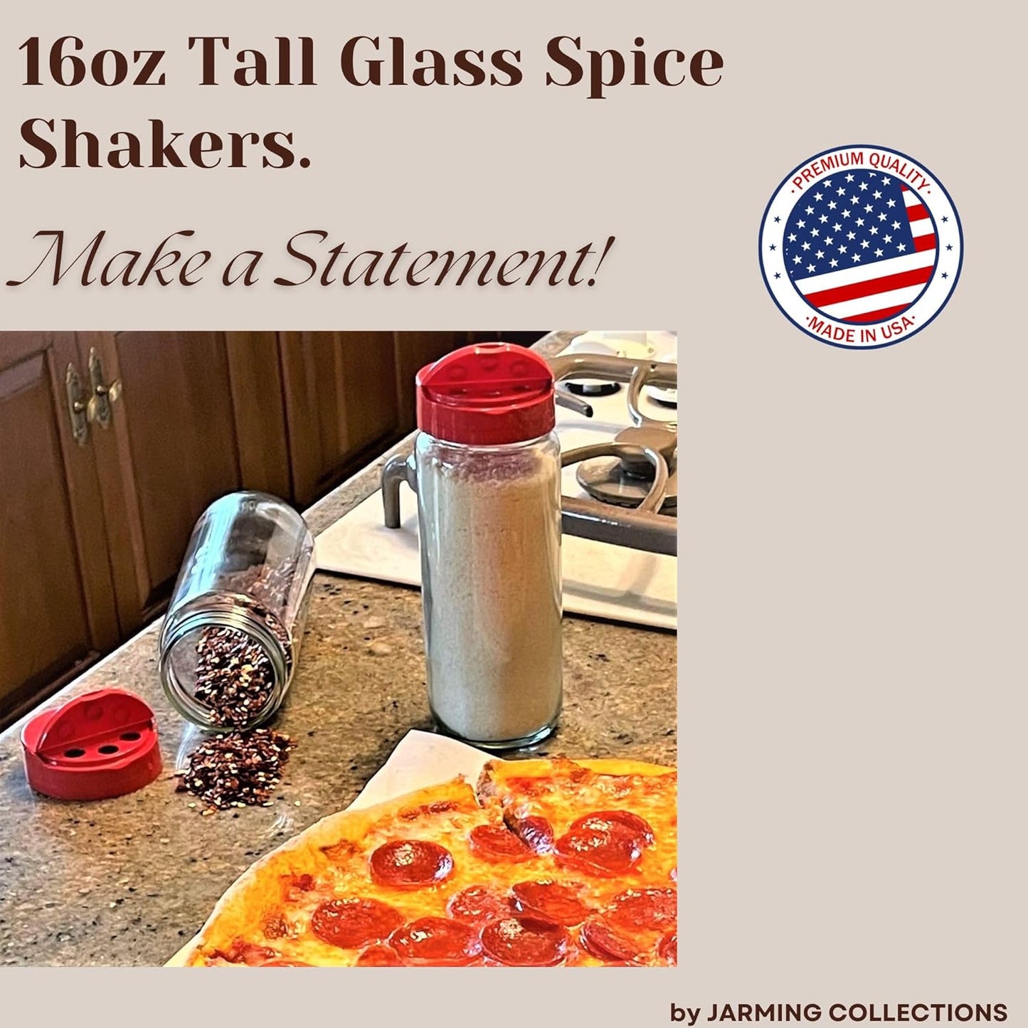 JARMING COLLECTIONS Glass Spice Jars with Shaker Lids - Spice Jars 16 oz for Food Storage, Spice Containers for Kitchen Organization, Organizing Bottles for Spices (Red - Set of 3)