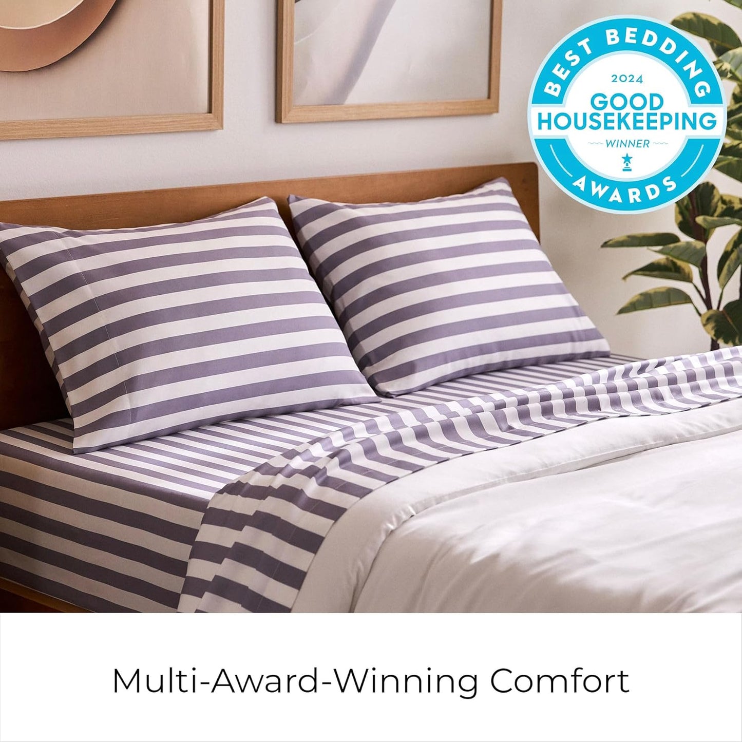 Mellanni California King Sheets Set - 4 PC Iconic Collection Bedding - Hotel Luxury, Soft, Cooling Bed Sheets - Wrinkle, Fade, Stain Resistant (Cal King, Oxford Stripe Hazy Lilac)