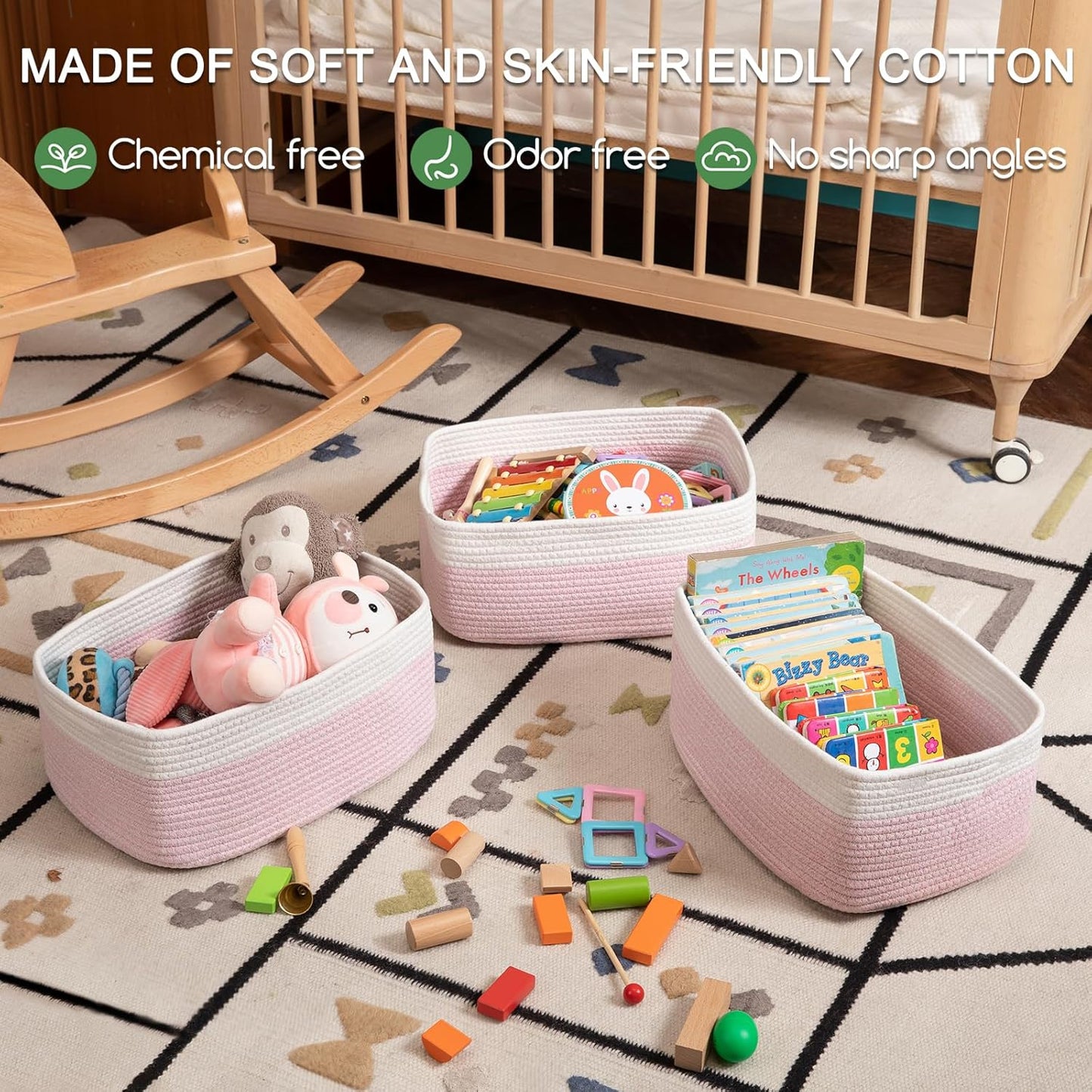 Storage Baskets for Organizing 3 Pack, Woven Baskets for Shelves, Closet Organizer Bins Empty Gift Basket Toy Storage for Toys, Books, Towels, Clothes, 15"x11.42"x6.7", Pink