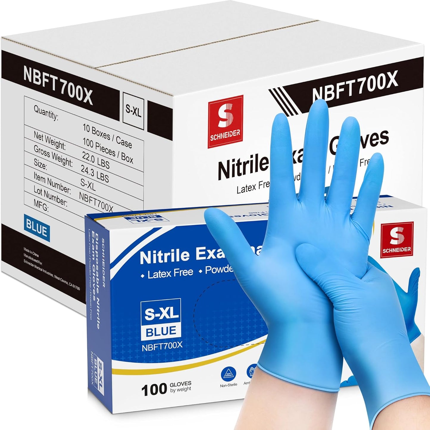 Schneider Nitrile Exam Gloves, Blue, 4 mil, Powder-Free, Latex-Free, for Medical Exam, Cleaning and Food Prep, Non-Sterile