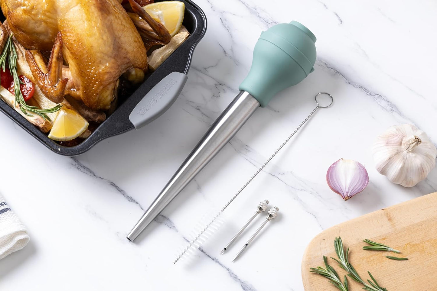 COOK WITH COLOR Turkey Baster with Cleaning Brush - Food Grade Syringe Baster For Cooking, Deluxe Set, Sage