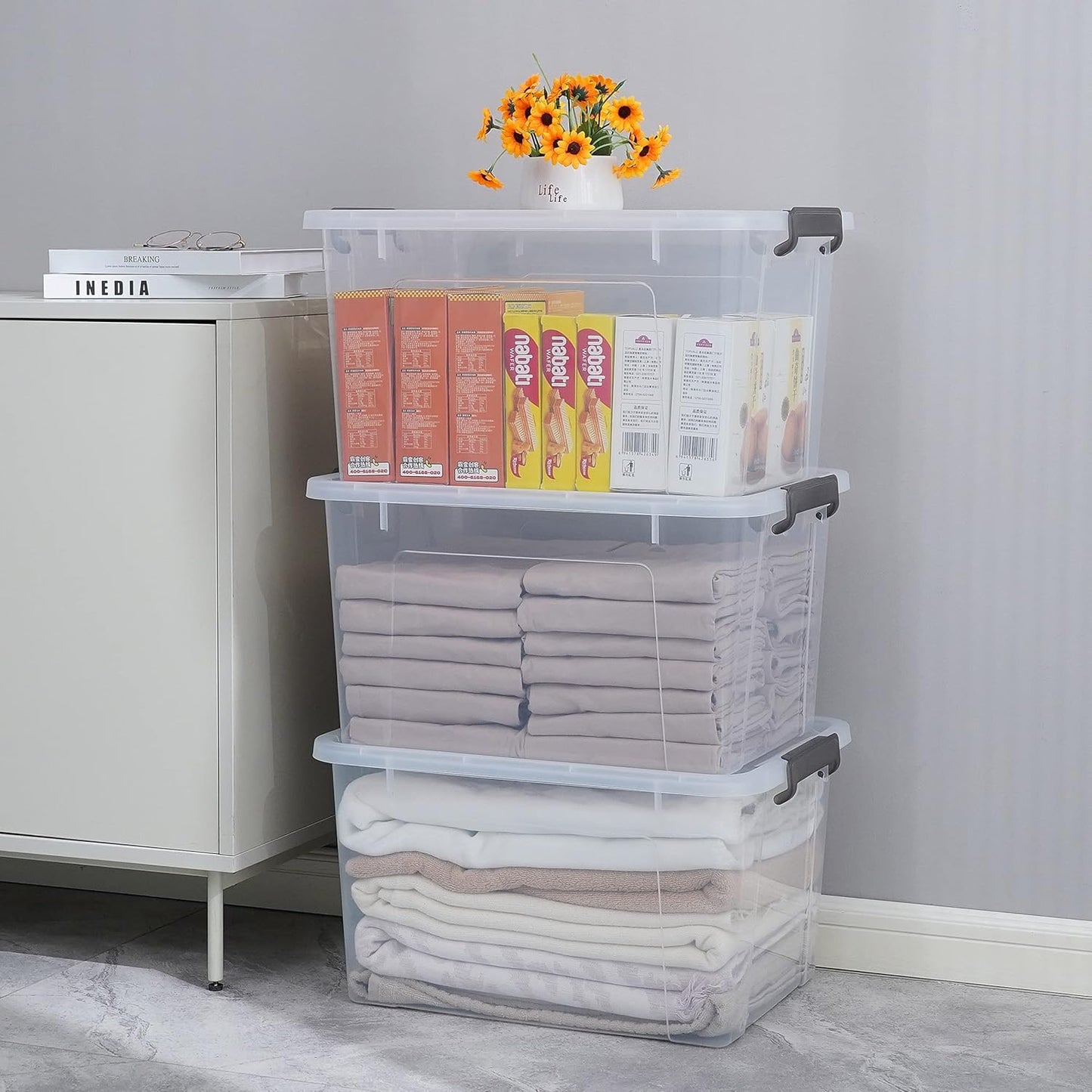 Citylife 44.4 QT Plastic Storage Bins with Latching Lids Stackable Storage Containers for Organizing Large Clear Storage Box for Garage, Closet, Kitchen, 8 Packs