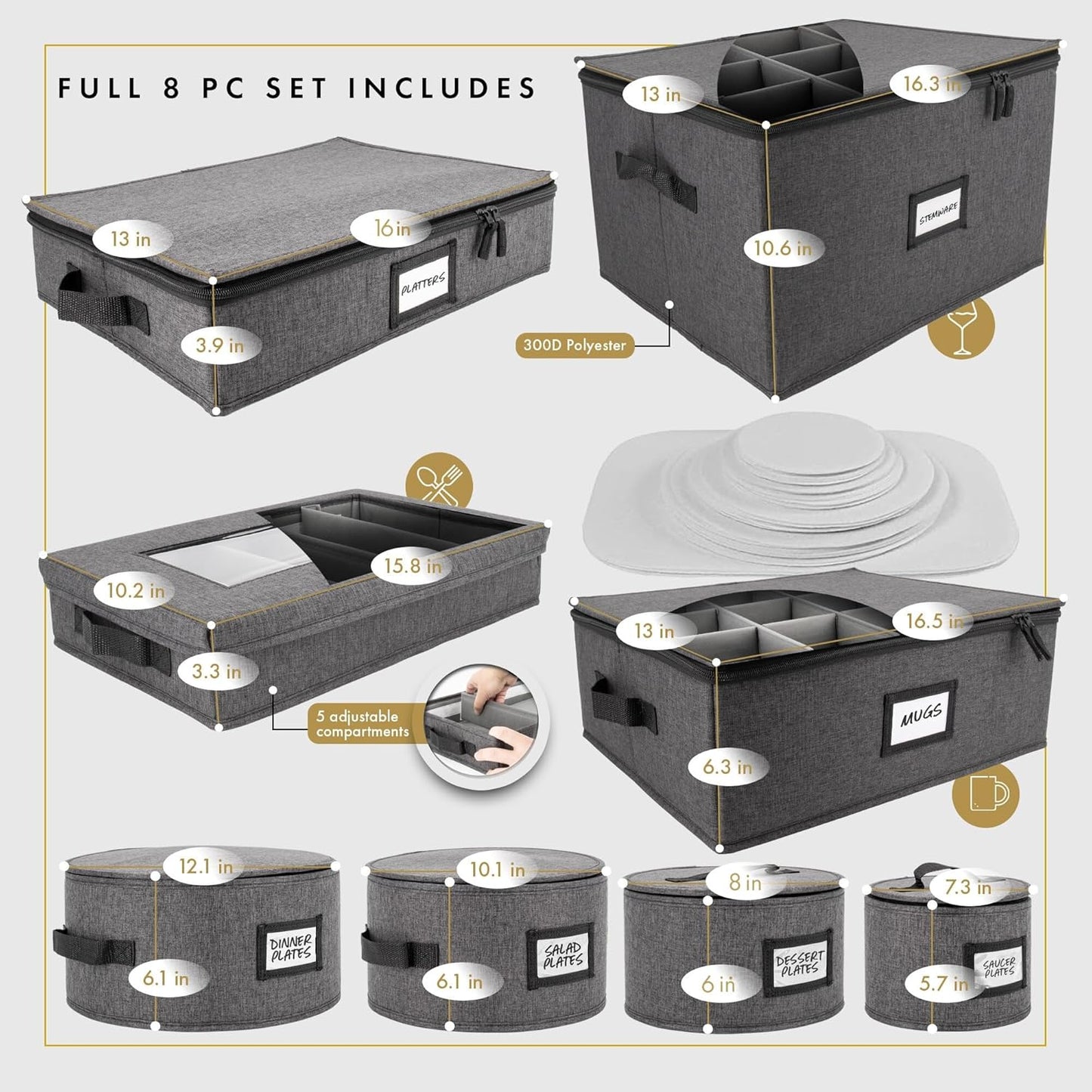 HOMELUX THEORY Hard Shell China Storage Containers for Dishes, 5pcs Flatware & Plate storage Containers, Heavy Duty Dish and Dinnerware Storage with Lid for Packing Dinner Plate, Utensil & Silverware