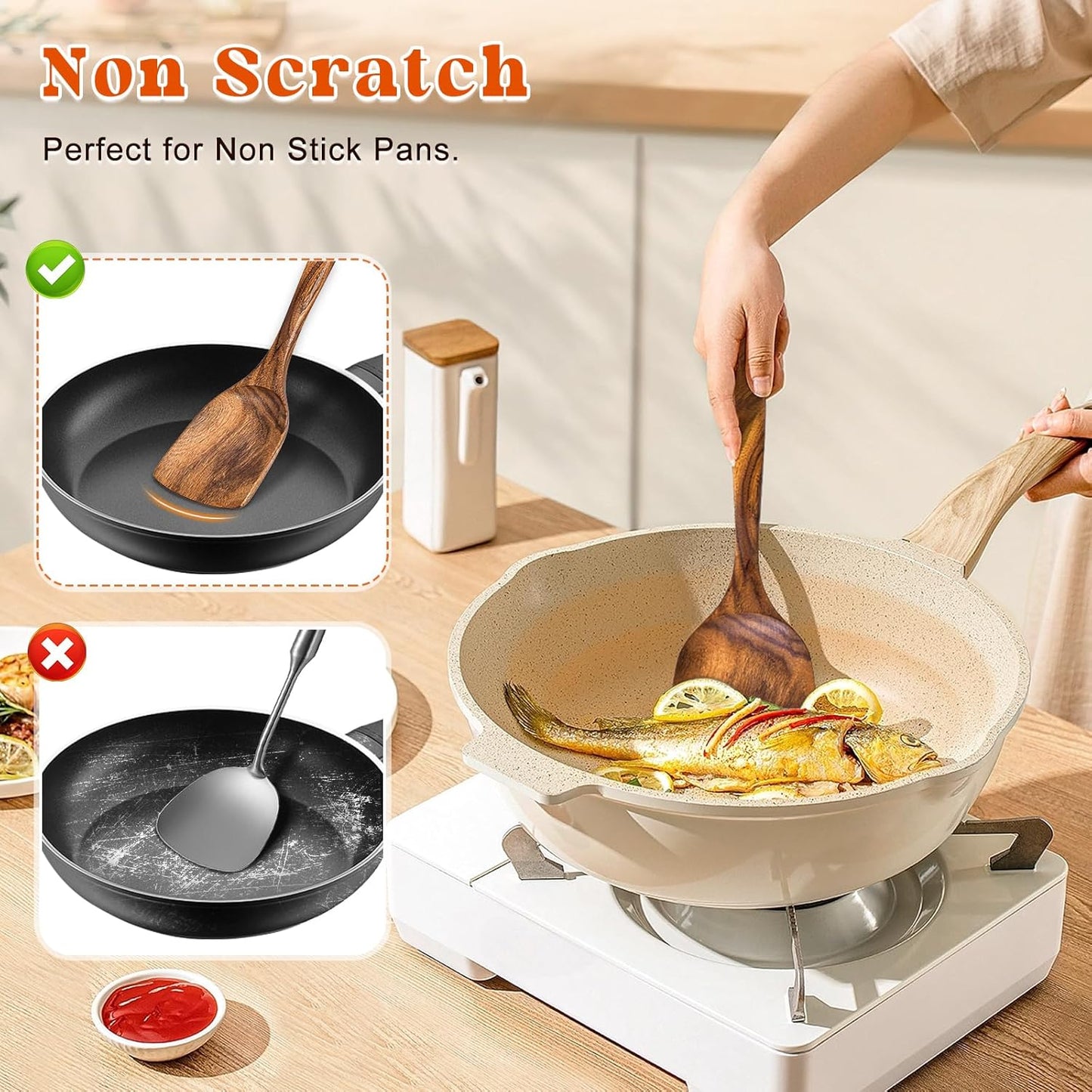 4Pcs Wooden Spoons for Cooking, Acacia Wood Kitchen Utensils Set for Nonstick Pans, Smooth Finish Cooking Utensils with Long Handle, Wooden Spatula for Cooking, Mixing, Baking