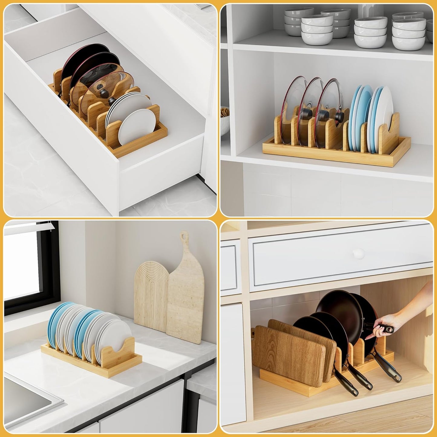 Bamboo Pot Lid Organizer Pot Lid Holder, Pot and Pan Organizer Drawer Organizer for Pot Lids, Pans, Cutting Boards & Baking Sheets, Dinner Plates, Reusable Containers in Cabinet Storage