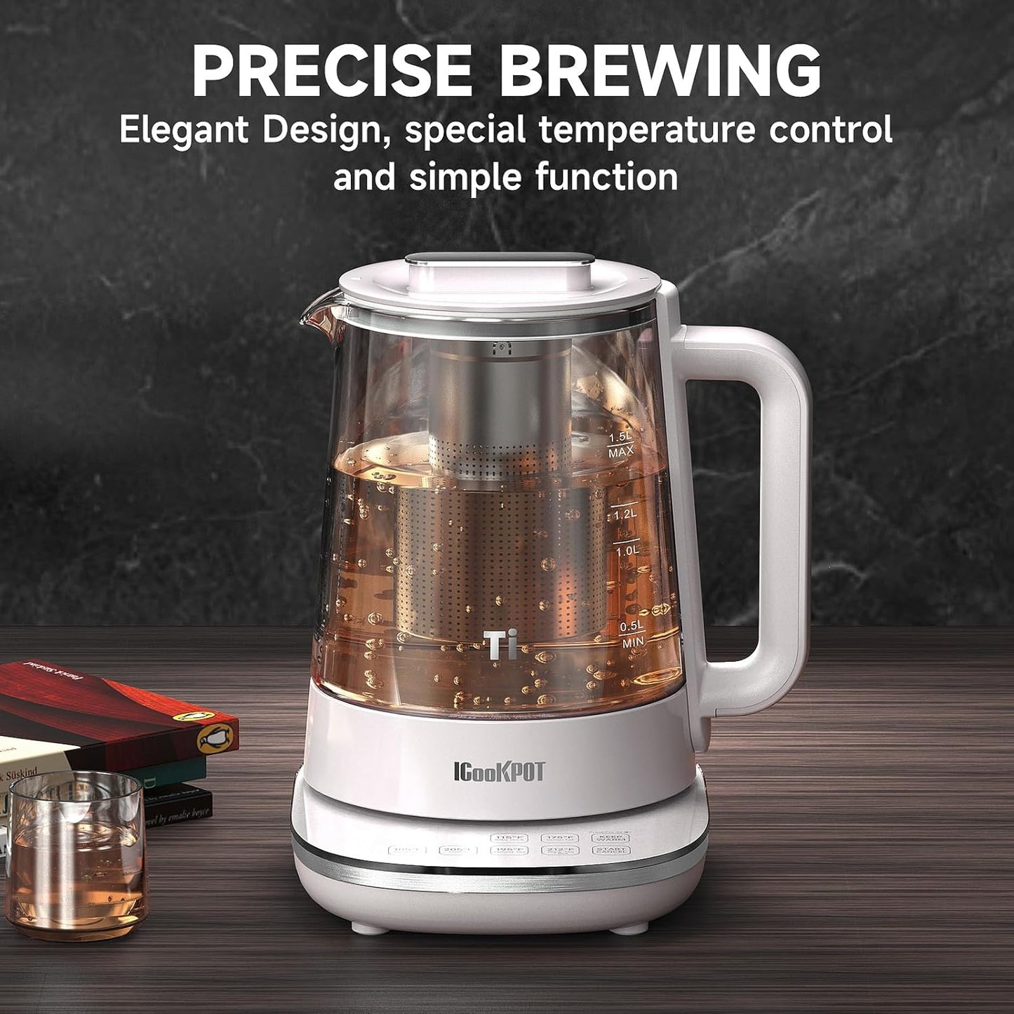 Titanium & Stainless Steel Electric Kettle with Tea Infuser and Temperature Control,1.5L Glass Tea Maker,1500W Rapid Boiling,Programmable Control for your Favorite Teas and Coffee-Grey