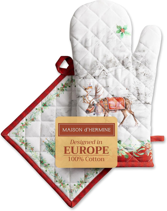 Maison d' Hermine 100% Cotton Oven Mitt & Pot Holder Set (7.5"x13" & 8"x8") Heat Resistant BBQ Cooking Gloves with Loop, Baking, Grilling, Kitchen, Handling Hot Pans (Christmas Tradition)