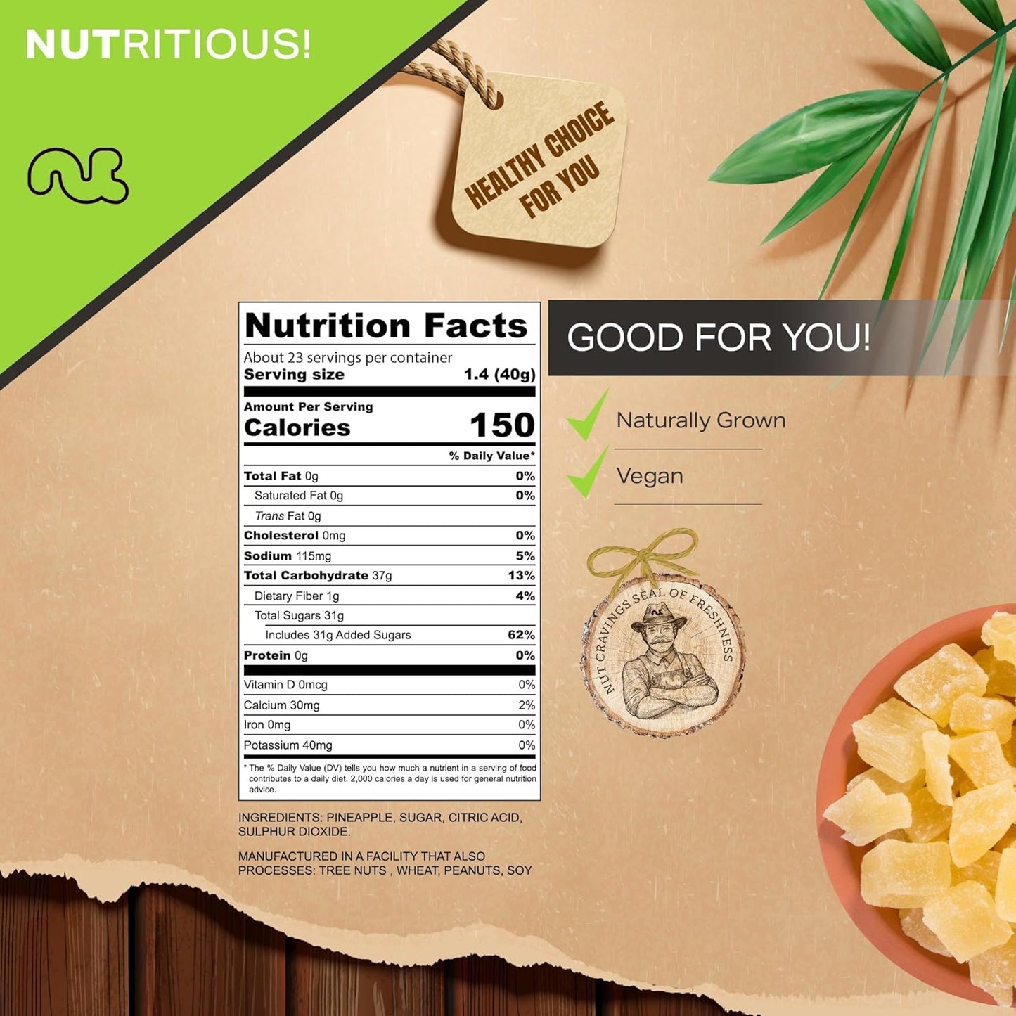 NUT CRAVINGS - Sun Dried Pineapple Chunks, Lightly Sweetened (32oz, 2 LB) Bulk Dry Fruits Packed Fresh in Resealable Bag - Sweet Healthy Snack, Naturally Grown, Vegan, Kosher