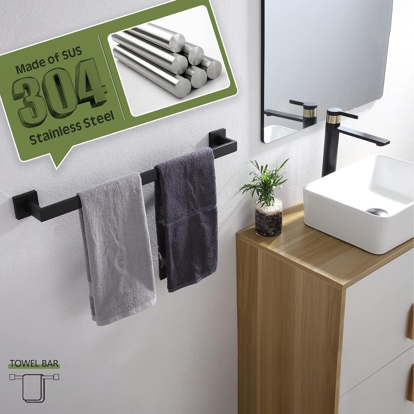 KOKOSIRI 20-Inch Single Towel Bar, Bathroom Kitchen Towel Holder, Wall Mounted SUS304 Stainless Steel Towel Rack, Matte Black, B4003BK-L20
