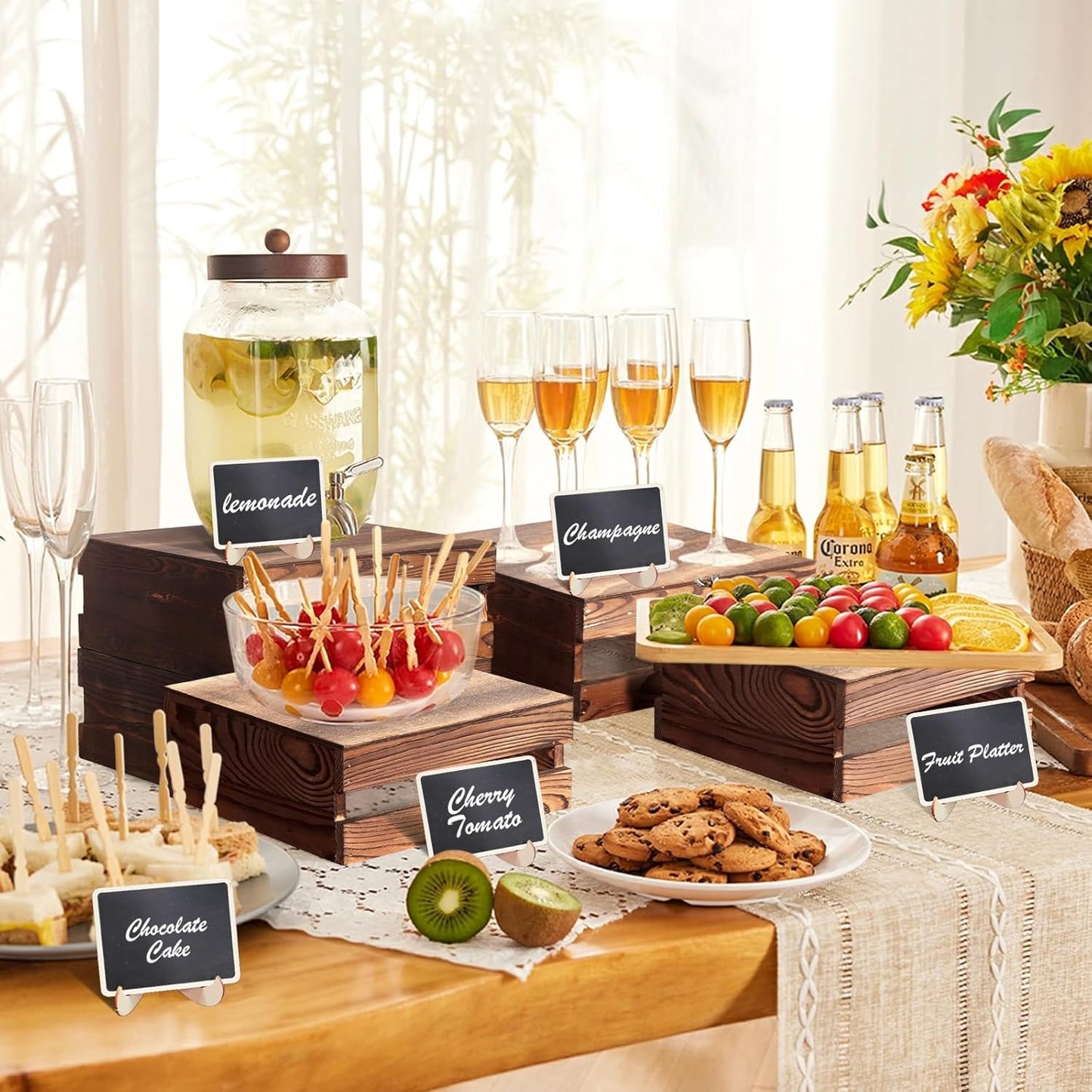 8 Pcs Buffet Risers with Mini Signs, Rustic Wood Cake Stands, Food Risers for Buffet Table, Dessert Display Stand, Wood Crates, Rustic Cake Stand for Party, Wedding, Birthday, Baby Shower, 4 Sizes