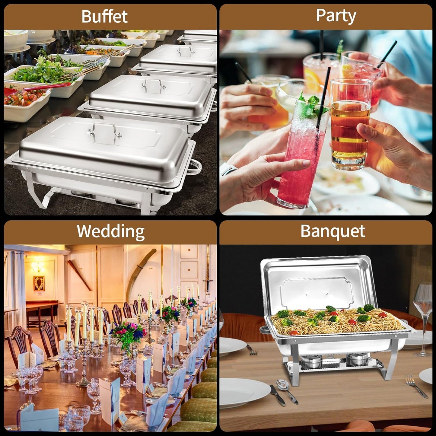 8 Qt 8 Pack Full Size Stainless Steel Chafing Dishes Buffet Set, Silver Rectangular Catering Chafer Warmer Set with Trays Pan Lid Folding Frame Stand for Kitchen Party Banquet Dining
