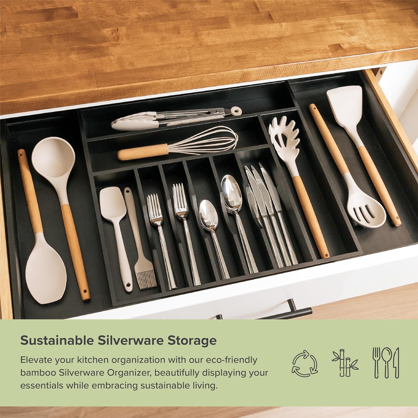 Premium Silverware, Flatware and Utensil Organizer for Kitchen Drawers, Food-Safe Contract Grade, Expandable from 18 to 33 In, Black Bamboo