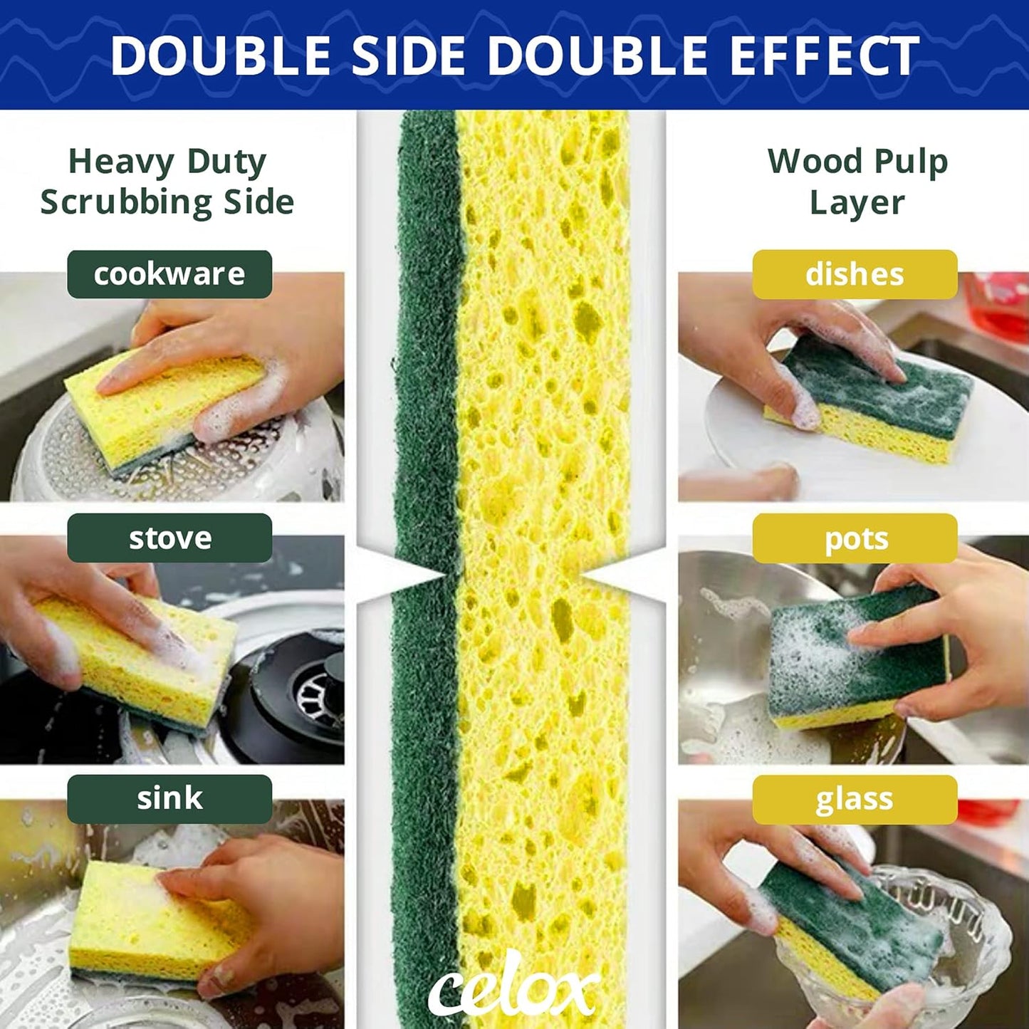 CELOX 36 Pack Dish Sponge for Kitchen, Dual Sided Scrub Sponge Heavy Duty, Non-Scratch Sponges Perfect for Kitchen Dishwashing and Household Cleaning, Highly Absorbent and Easy to Dry for Reuse