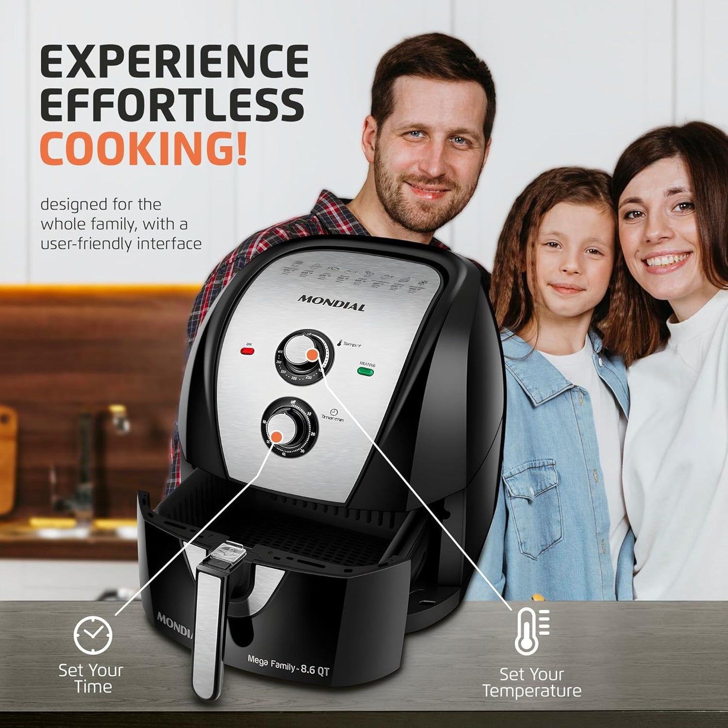 Air Fryer - 8.6 Quart Extra-Large Air Fryer, 2 Simple Dial Controls, 1800 Watts - Quick Heat Circulation Technology, Low Fat Cooking Less Calories - Removable Squared Basket - Black