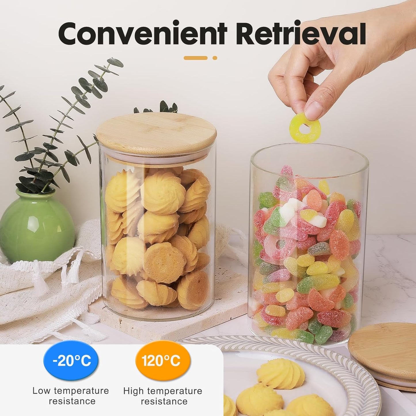 YUNCANG Glass Food Storage Jars 37oz [Set of 6],Clear Glass Food Storage Containers with Airtight Bamboo Lid Stackable Kitchen Canisters for Candy,Cookie,Rice,Sugar,Flour,Pasta