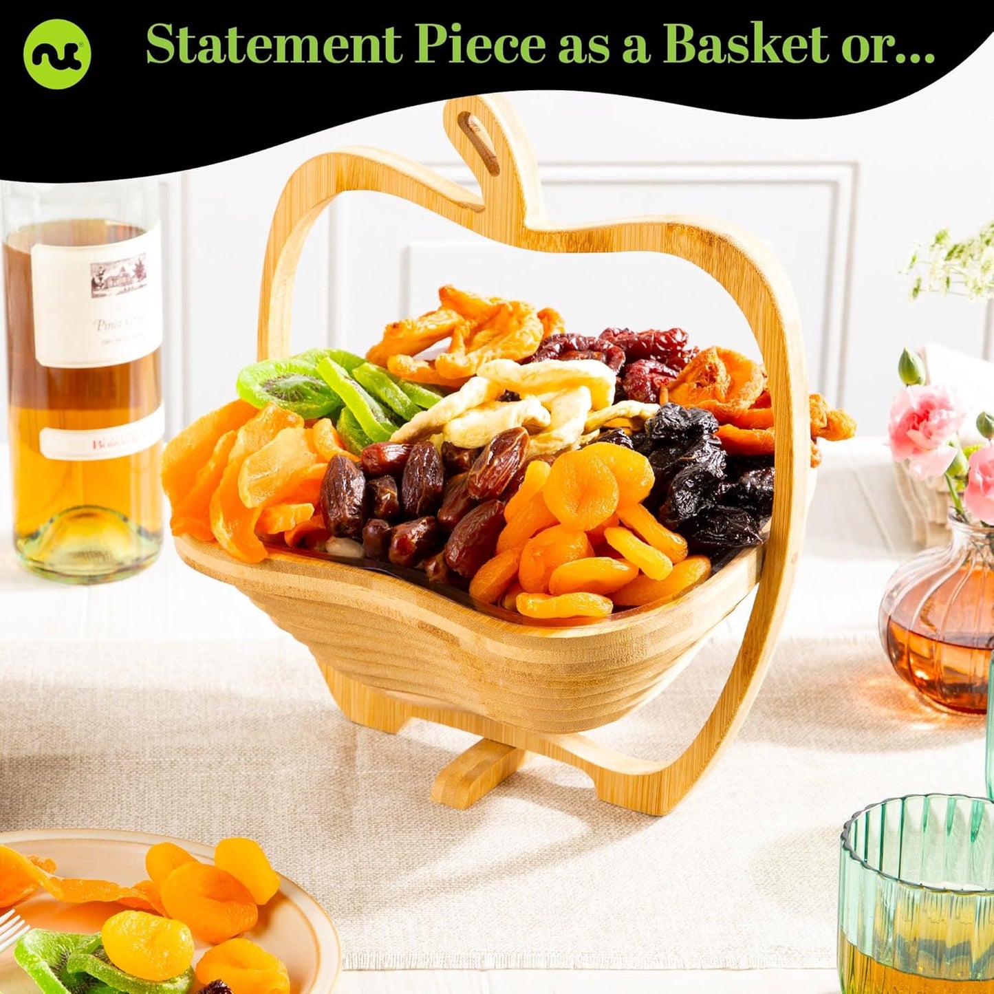 NUT CRAVINGS - Rosh Hashana & Shana Tova Dried Fruit Flower Arrangement in Wooden Apple-Shaped Gift Basket + Tray (9 Assortment) Healthy Snack Care Package, Food Assortments