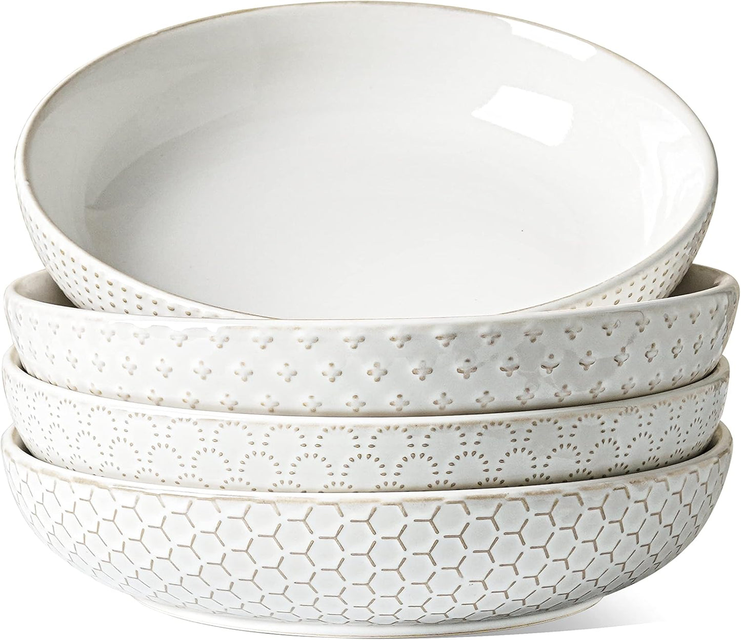 LE TAUCI Pasta Bowls 42oz, Large Salad Bowl, Ceramic Embossment Stoneware Serving Plate for Fruits, Noodle, Dinner, House-warming Wedding Present - 9 Inch, Set of 4, Arctic White