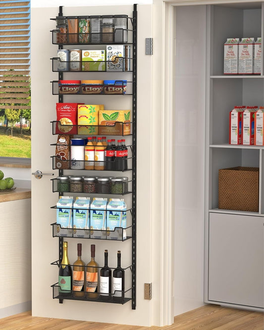 Over the Door Pantry Organizer, 8-Tier Over the Door Organizer with Adjustable Basket, Pantry Door Organization for Pantry Kitchen Storage Room Spice Rack, Black