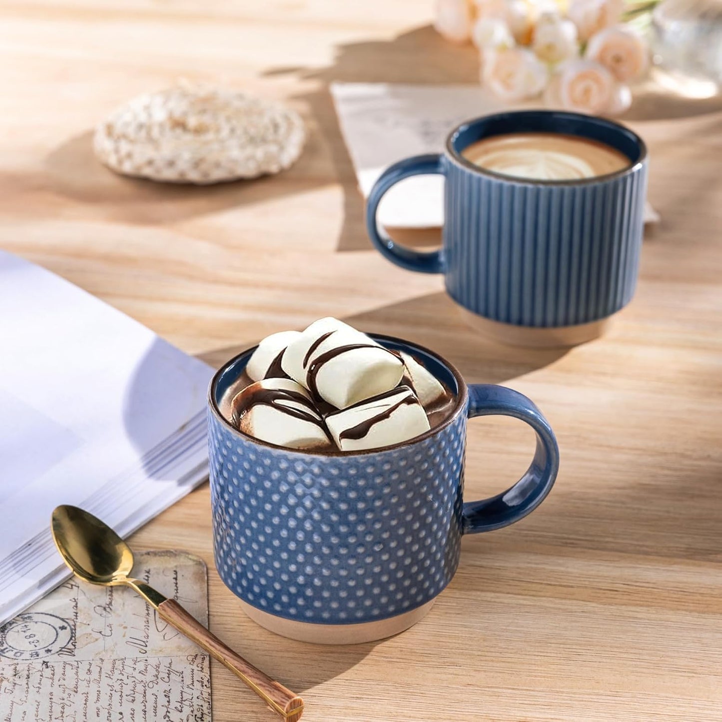 GBHOME 12OZ Stackable Coffee Mugs with Stand, Ceramic Coffee Mugs with Texture Patterns for Man,Woman,Dad,Mom, Modern Coffee Cups Set of 4 for Latte/Cappuccino/Cocoa. Dishwasher&Microwave Safe, Blue