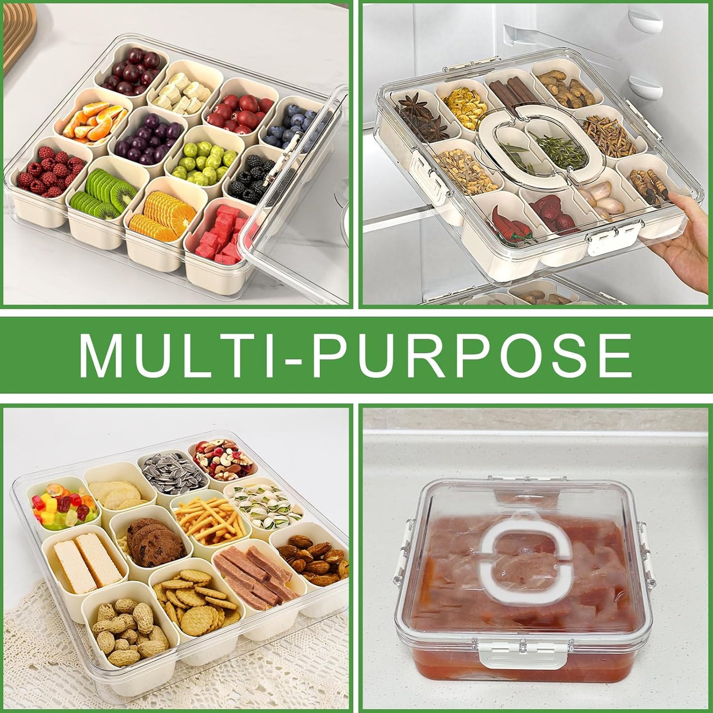 Divided Serving Tray with Lid and Handle, Portable Snack Box, 12 Compartments Veggie Fruit Tray, Charcuterie Platter Snackle Box Container for Party, Snacks, Picnic, LARGER SIZE